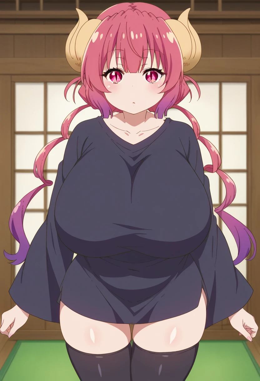 score_9, score_8_up, score_7_up, source_anime,
dragonilulu, ilulu,enormous massive gigantic big large fat absurde breasts, curled horns, horns, long hair, multicolored hair, purple hair, red eyes, red hair, slit pupils, thighhighs, wide sleeves, zettai ryouiki,
indoors,
looking at viewer, cowboy shot, dutch angle,