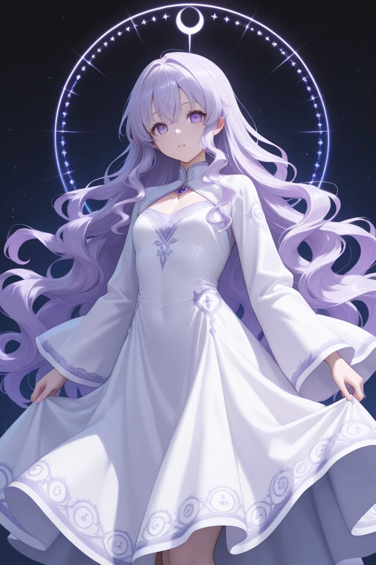 silver hair, purple eyes, 1 woman, , whole body, long hair, Magic