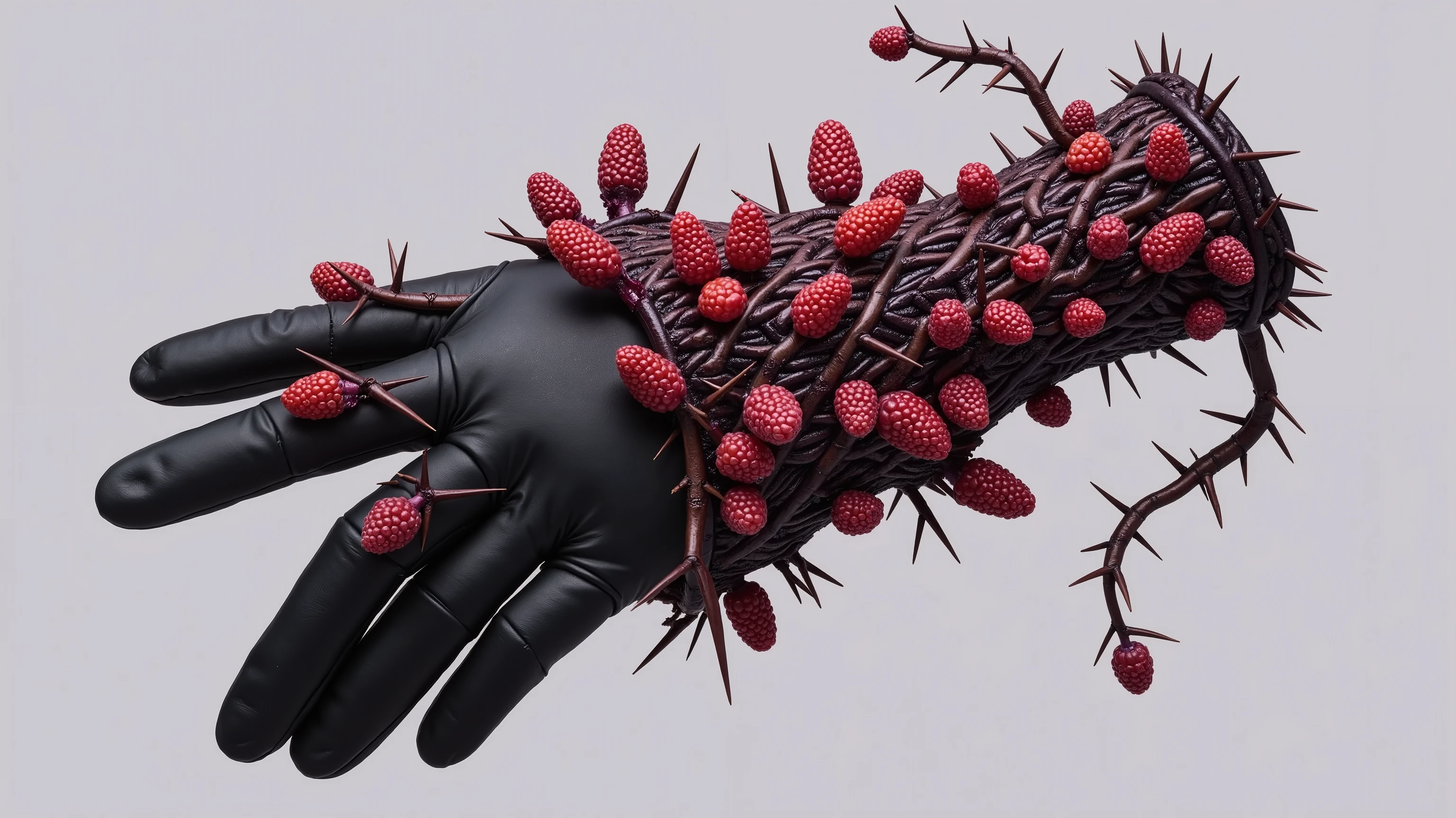 berry gauntlet (Berry Gauntlet):
prompt: vines with countless blackberry and raspberry spines(Vine)Braid、a gauntlet that is tightly fixed to the back and finger of a black leather glove。If you hold your finger、sharp spines stick out when you hold your finger。dark purple juice oozing from several crushed fruits、makes stains on gloves。worn on a delicate girl's hand but、shows readiness to hurt everything it touches。