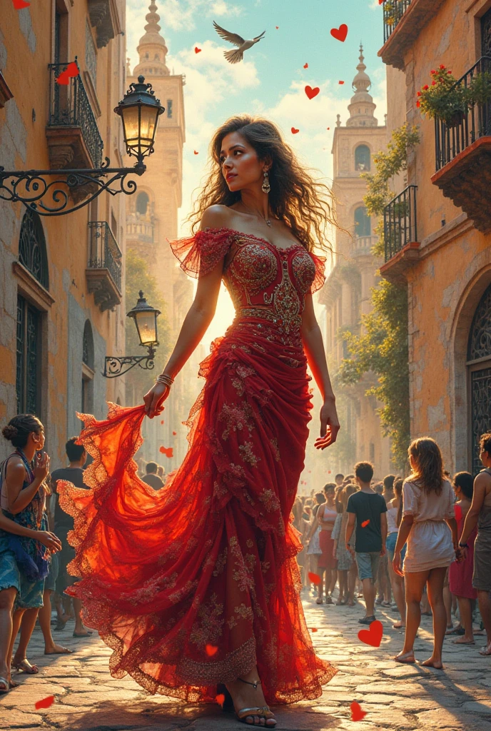 (masterpiece photography realistic depicting ) of a (solo:1.2) alluring ravishing dusky curvy supermodel Sonali Seygal, dancing on street, wearing beautiful (short red dress:1.3), romantic paris Street, heels, (big flowing hair with highlights), (detailed intricate face) (flower in hair), vivacious, lustful glance, exhilarated (beautiful detailed eyes:1.1) , (seductive smile:1.3) intense dramatic lighting, falling leaves and flowers bokeh, backlit, light rays, highly detailed, trending on artstation, paint splashes, rich colour, wind all around, abstract portrait, by Ron hicks