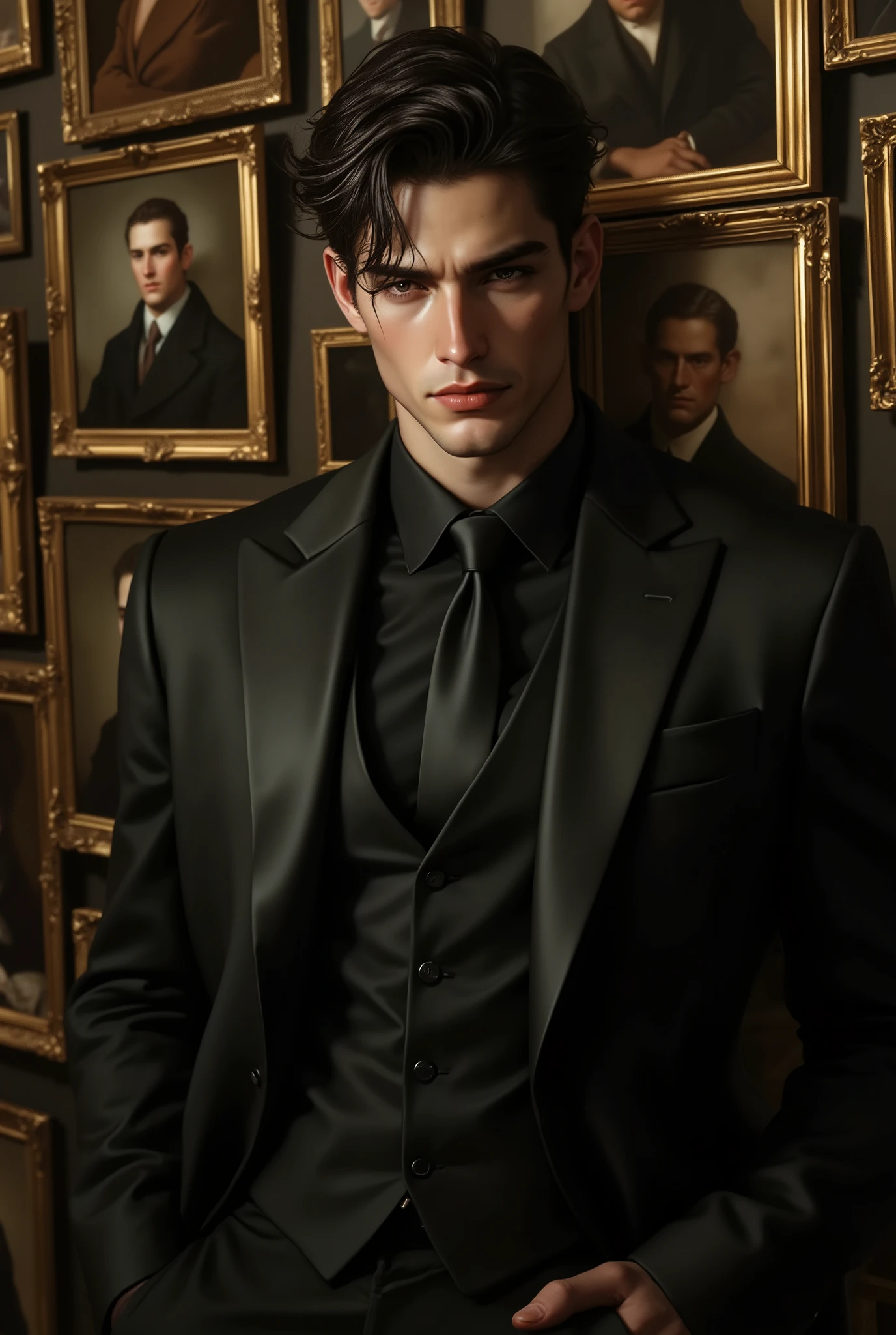 Elegant handsome man in black suit leaning against wall of oil paintings, classic art gallery setting, refined facial features, intense gaze, formal fashion, holding picture frame, surrounded by vintage portraits, moody lighting, artistic aesthetic, painterly style, 19th century museum vibe, warm earth tones, stylish male model, emotional expression, detailed fabric textures, cinematic scene, ultra detailed