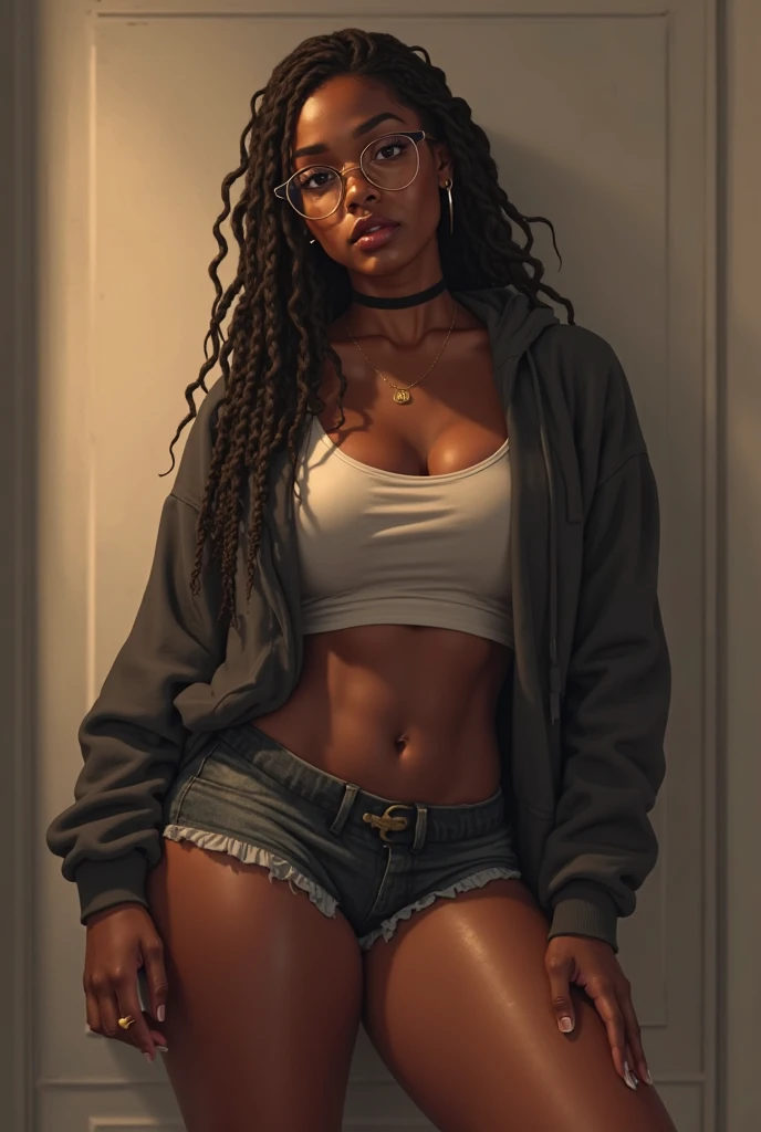 woman, black darkens hyperrealistic, afro woman, 20 years, no clothes, dynamic pose, best quality, sitting in the chair, open leg, super sensual, big hip, big breasts, thong panties, super small bra, pajamas
