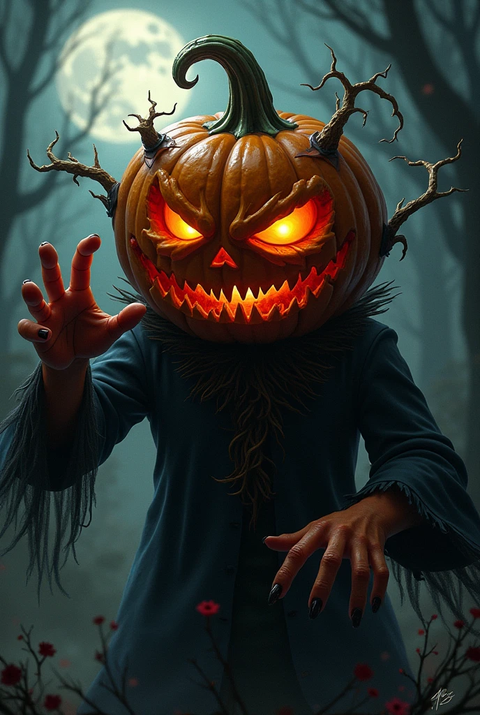 a demonic scarecrow with a pumpkin, jack o'lantern as the head, straw, night, fall weather, dark, creepy, cornfield, field on fire, rain, demonic, glowing red eyes, horror, scary, pumpkin head, bald