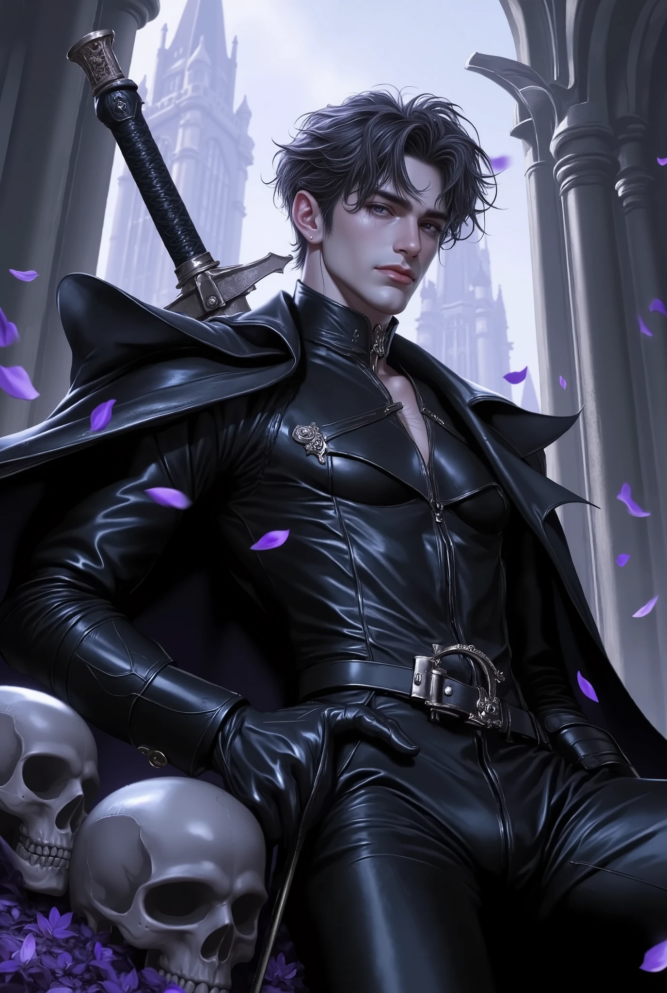 Dark fantasy male warrior in gothic armor, black leather with silver accents, emotional expression, resting amidst skulls and violet petals, glowing light from behind, sword sheathed on back, ethereal cathedral background, fantasy gothic setting, somber atmosphere, beautiful tragic hero, intricate detailing, long lashes, tousled dark hair, highly detailed illustration, anime-inspired art, magical aura, mystical ambiance