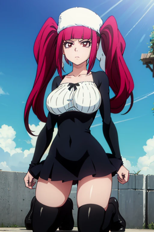 Masterpiece, Best Quality, Highly detailed, illustration, absurdres, agent aika, Pink delmo uniform, jacket pencil skirt, miniskirt, extremely glossy latex, puffy sleeves, tight miniskirt, latex, Beautiful body, Beautiful Nose, Beautiful character design, perfect eyes, perfect face, beautiful legs, perfect legs, Nice hands, Perfect hand, 1girl, solo, expressionless, blank eyes, looking at viewer, emotionless, black latex, corrution, mind control, female combatant, full body, hypnotized, unhappy trance, perfect female body, hypnosis, hypnoLora, empty eyes, Mind control device, poses, submissive_pose, standing, standing at attention, standing at attention, arms at sides, Hinagiku Katsura, Hayate no Gotoku!, pink hair, green eyes, very long hair, straight hair, hat, hair ornament, pink skirt, pink hat , pink dress