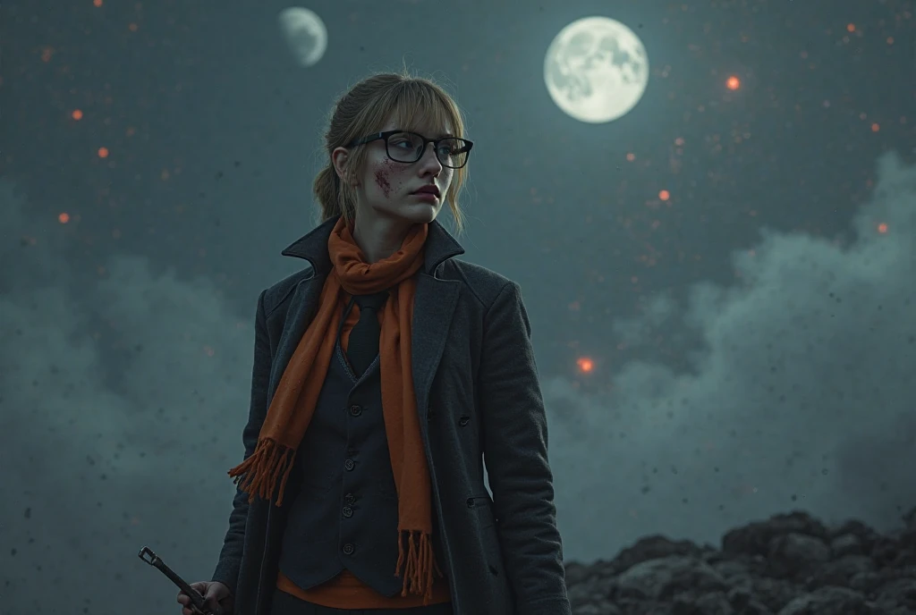 (Photo Realism 4K ) ( Dark Gray Atmosphere, Dark) Young Woman, Russa, Wearing glasses, with injuries and dirt on the face, meia suja, wearing Dark Gray Overcoat, orange dress shirt, black tie,  black dress vest , orange scarf, Dark black pants, Andando, looking back, holding a wrench, Set on a planet with two moons, With dark blue atmosphere with fog and red lights in the Sky, medium hair, ponytail, split fringe, serious face, Com Raiva, high resolution, Modelo HD, high quality, Olhos azuis, blond hair, 