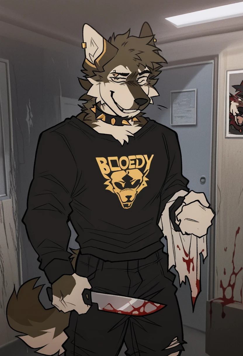 Muscle furry white wolf Wear a T-shirt and trousers , creepy Smiling,holding a blood stained knife,In the alley,kill someone and eat it , night time 