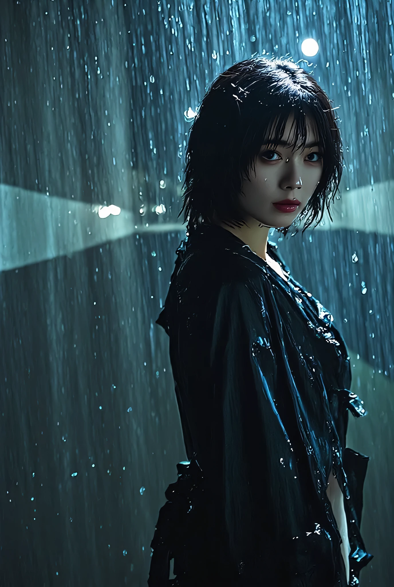 (((Dam on a downpour night:2.0))),(((HR Gigger style cyberpunk atmosphere:2.0))),(((Has a cyberpunk Japanese sword:2.0))),side view from the back,Side pose,((Looking back and looking at the camera:2.0)),((look back over my shoulder:2.0)),Rear View,one woman,(cute face),(Beautiful well-balanced face ),((long hair with bangs:2.0)),(wavy black hair:1.5),(Beautiful Eyes:1.3),glamorous shot of a 20-year-old Japanese woman,Beautiful slender body,(((model body type:2.0))),((slim body:2.0)),perfect body line,Ideal Proportions,(bigger breasts with more definition:2.0),((スリーサイズ90-58-86:3.0)),((G Cup Breasts:2.0)), popup,Bare thighs,Sensual Thighs,delicate body,(muscular:1.5),(wet:1.7),natural posture,((beautiful tight butt:2.0)),((cute ass:2.0)), ((((bare ass :2.0)))),(((T-back:2.0))),(Realistic breast depiction :1.5),carefully depict limbs based on perfect anatomy,((futuristic samurai style black super high-leg leotard:1.5)),((super high-leg leotard made of latex that fits the body:2.0)),((((super hot pants made of denim fabric:2.0)))),(black kimono:1.5),((Tactical Holster:1.5)),((((Coarse mesh fishnet stockings:2.0)))),concept art,(top quality:1.5),(masterpiece:1.5),(超高resolution),resolution,UHD,(delicate depiction),carefully drawn,32k,((realistic skin texture:1.5)),(((super realistic:1.5))),carefully draw eyelashes,Highly Detailed Faces,Highly detailed female hand,Extremely Sensual,(Blurry Dim Backgrounds :1.5),Professional Photography,(movie lights:2.0),((Blade Runner style lighting:2.0))