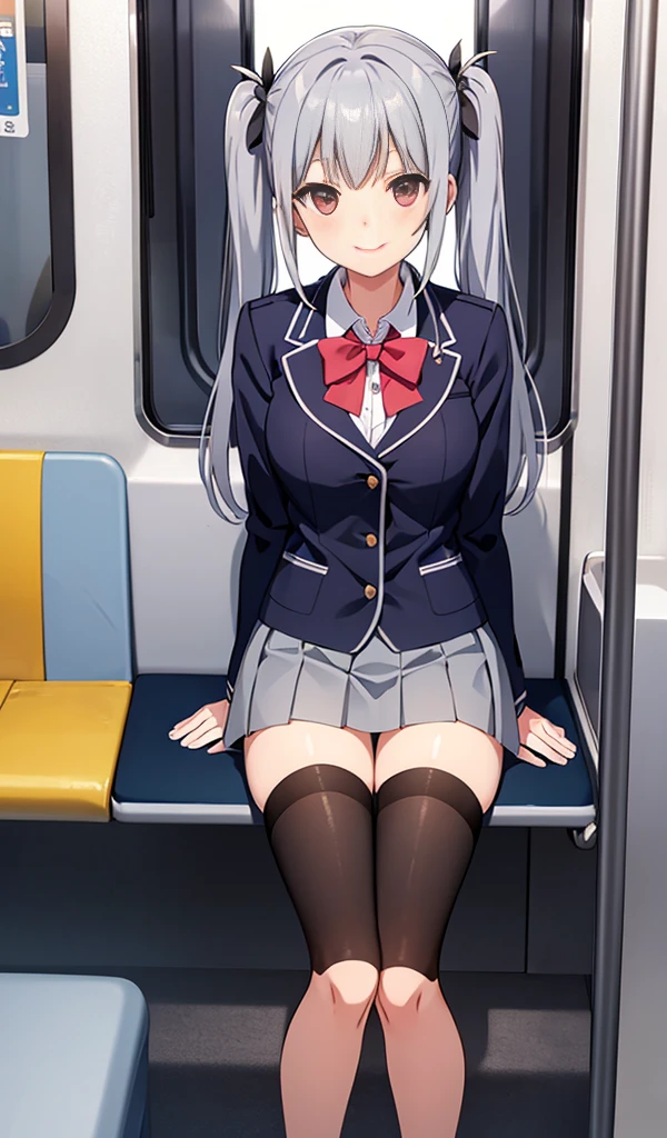 (8K、Highest quality、highest quality、masterpiece)、Detailed face、One girl、ONE boy、Ayanami、No corners 、long hair、、blunt bangs、Grey Eyes、、、((Blazer jacket))、((White shirt))、((Pleated skirt))、((No panties))、((bent over))、on the train、Standing in front of the train door、Sticks to the door glass、((Pressing her chest against the train window 1.6))Spread your legs、Very large breasts、Nipples are visible、、Black Pantyhose、Milk dripping from nipples、Milk spurting from the nipple、、Open your mouth、Troubled face、Close ~ eyes、Love juice、Full body portrait、Masturbation、Put the vibrator in the crotch、Black Loafers、