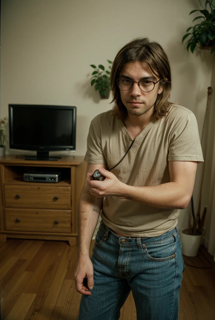 Ultra realistic photo of homen, Nerd, silly face, Dirty laundry, mouth full of ketchup.