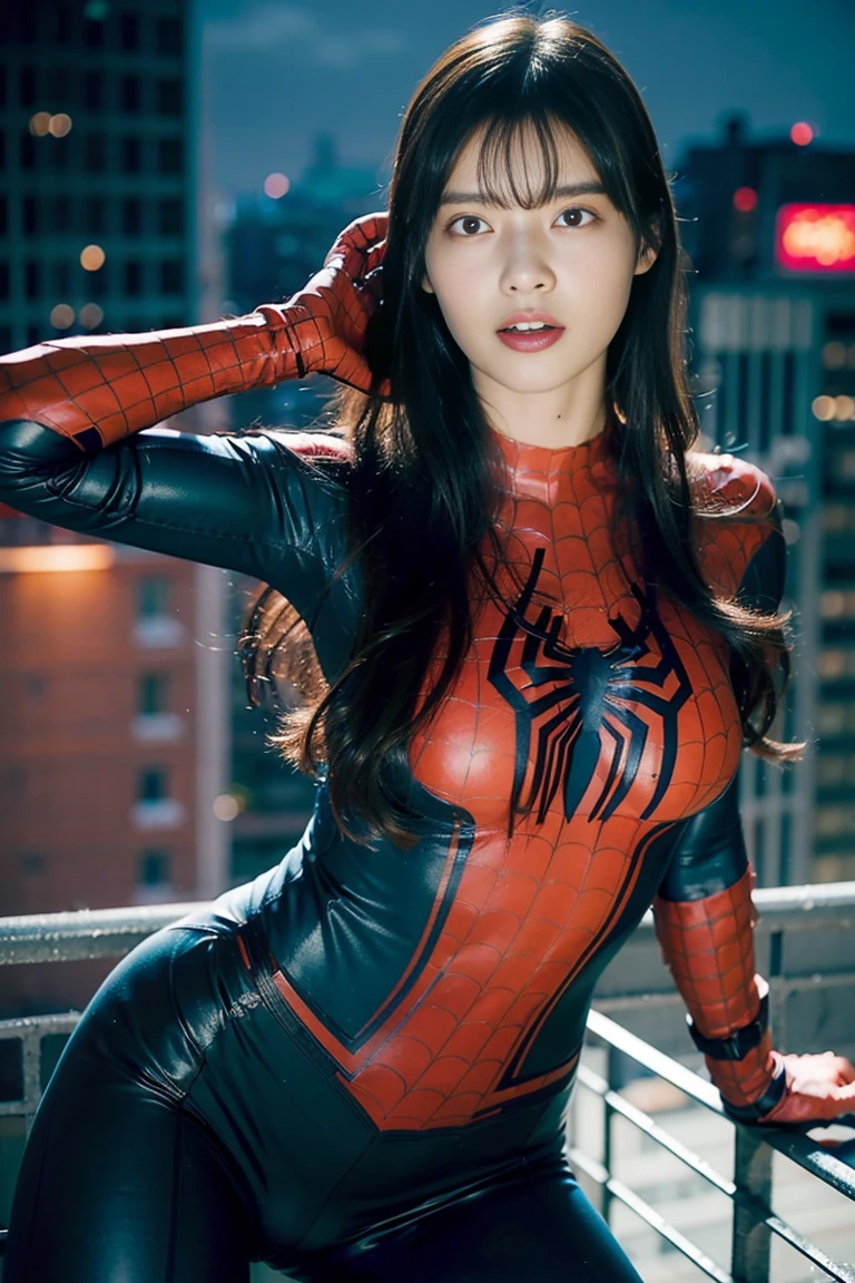 1girl, night, cityscape, city lights, upper body, close up, 8k, raw photos, best quality, masterpiece, realistic, photo realistic, spider-man suit, huge, thick thighs, asian face, short hair, brunette hair