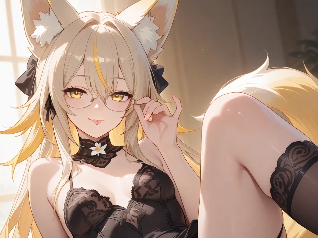 best quality,best resolution,(fluffy anthro furry :1.6),(young :1.6),snow leopard girl,yellow eyes,(white hair), long hair,wavy hair,white leopard ears,white fur,small breasts,(black leopard printed fur),glasses,(black ruffles bikini),maid headdress,(black necktie),bare belly,bare shoulder,beautiful bedroom,night,(black sky),building,Huge glass wall,looking at viewer,sexy face,heart eyes,heart expression eyes,upper body only,smile,close eyes,crawling on bed,low angle,front view,bend down