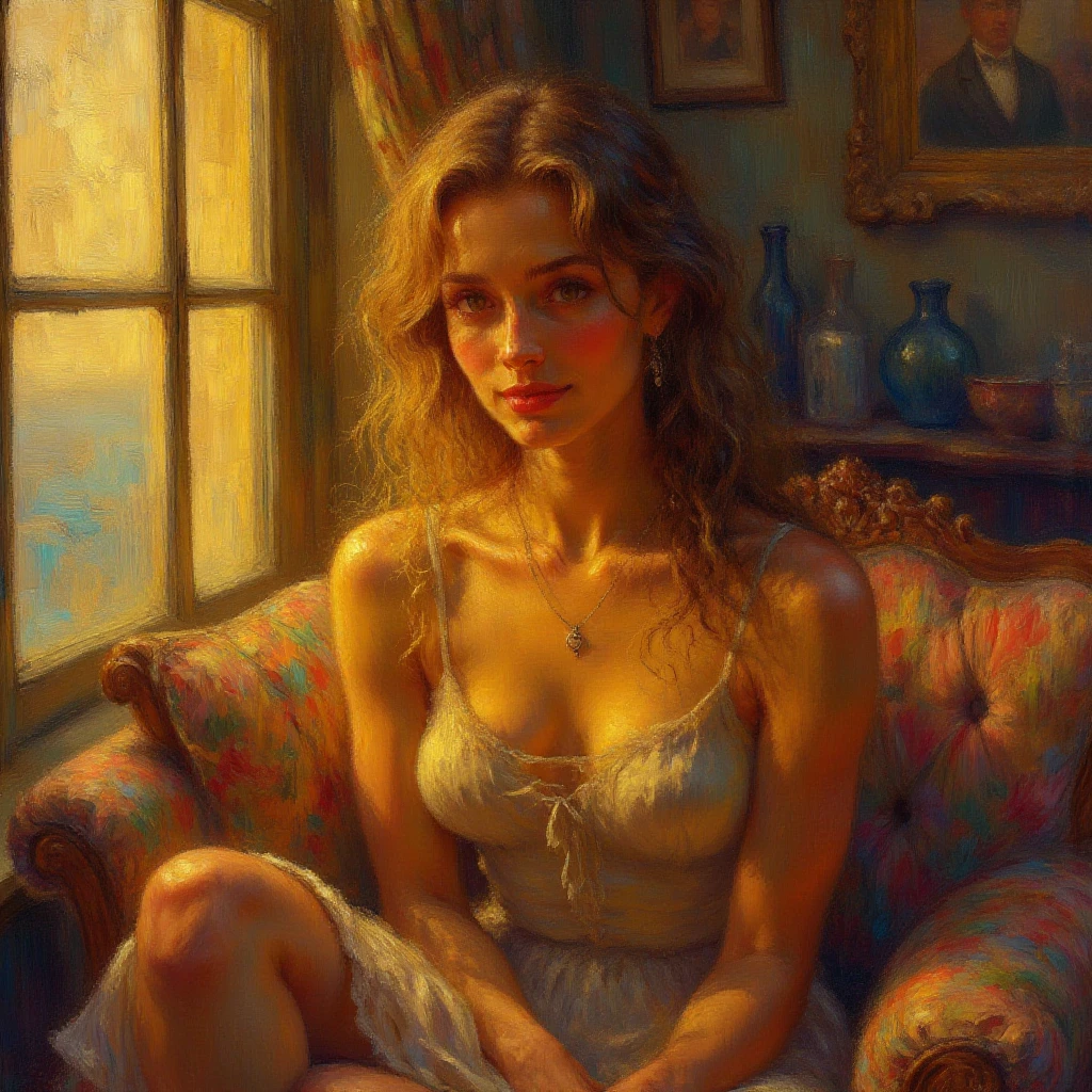 A topless scared girl, lying on the sofa, looks very enjoyable, lord of the rings style, looks depressing, high quality, ultra-detailed, crazy details, 4K