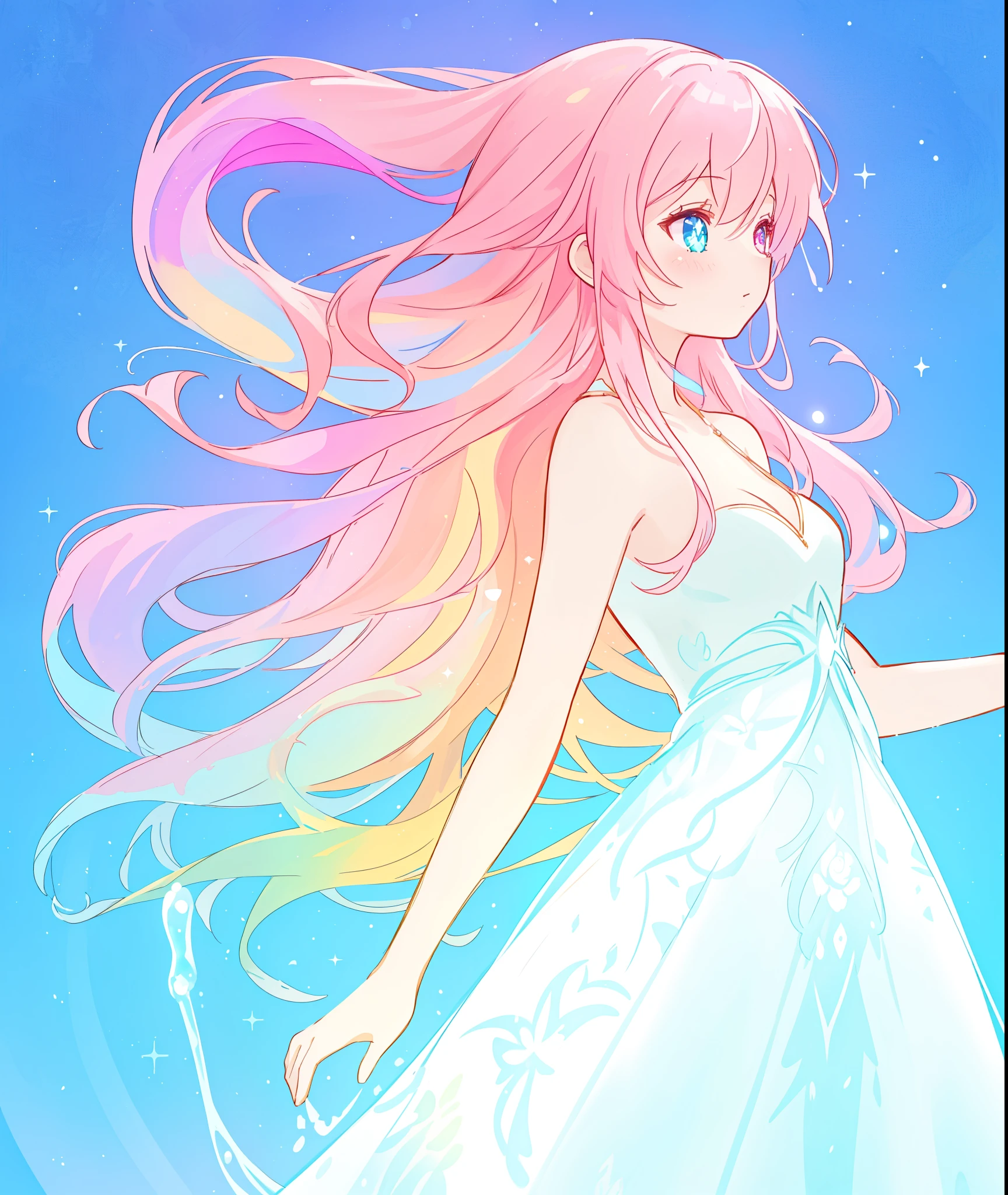 beautiful girl in a tiered layered princess ballgown, vibrant pastel colors, (colorful), long flowing colorful hair, magical lights, sparkling magical liquid, inspired by Glen Keane, inspired by Lois van Baarle, disney art style, by Lois van Baarle, glowing aura around her, by Glen Keane, jen bartel, glowing lights! digital painting, flowing glowing hair, glowing flowing hair, beautiful digital illustration, fantasia background, whimsical, magical, fantasy, ((masterpiece, best quality)), intricate details, highly detailed, sharp focus, 8k resolution, sparkling detailed eyes, liquid watercolor