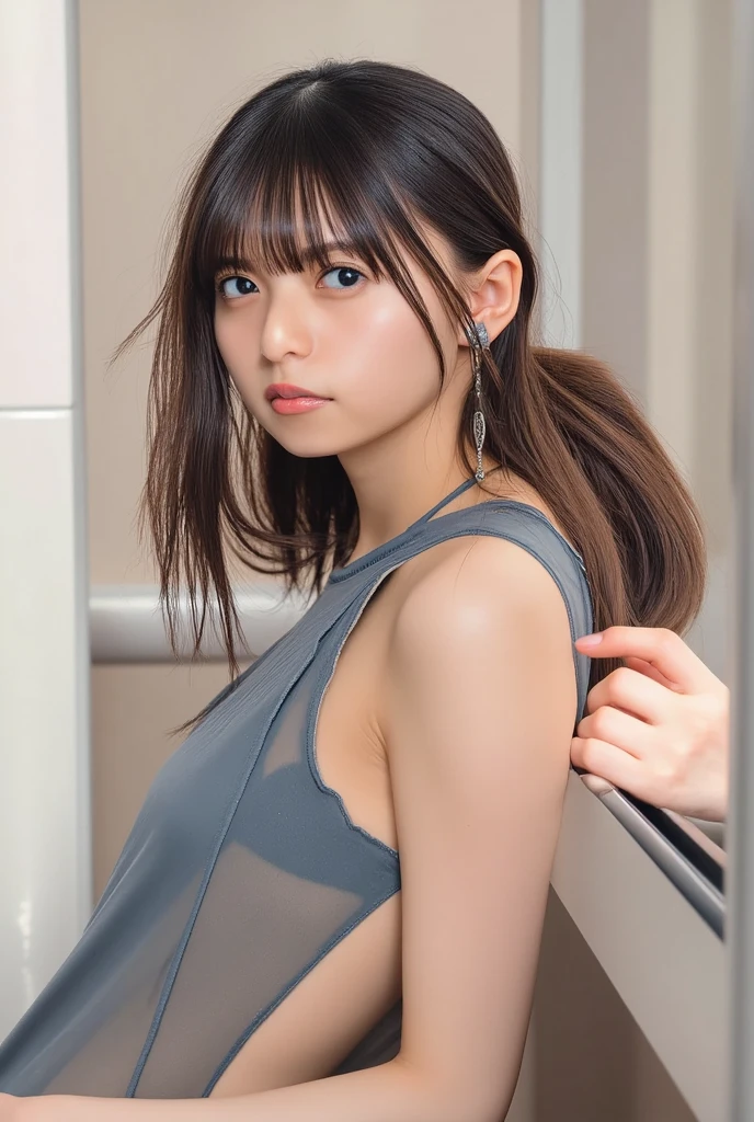 (8K, RAW Photos, Highest quality, masterpiece: 1.4), (Realistic, photoRealistic: 1.4), Super detailed, Ultra-high resolution, One Girl, Beholder, Beautifully detailed face, smile, (Slim waist: 1.0), Beautifully detailed skin, Skin Texture, Floating Hair, Professional Lighting, Middle Chest, Kind eyes,(small wet breasts:1.6), (beautiful nipples:1.5),(undressing:1.7), (white bikini:1.0), (law panty:1.5), (sleeveless blouse:1.2),(Feather Cut:1.0), (petite:1.0)
