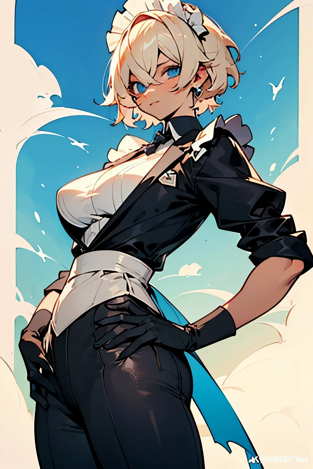 ((best quality)), ((masterpiece)), (detailed), perfect face, tanned, tomboy, short hair, maid suit, Sky Blue eyes, cream_hair_color, colored_skin, Big_breasts, hair_over_one_eye, closed_mouth, cool, tall
