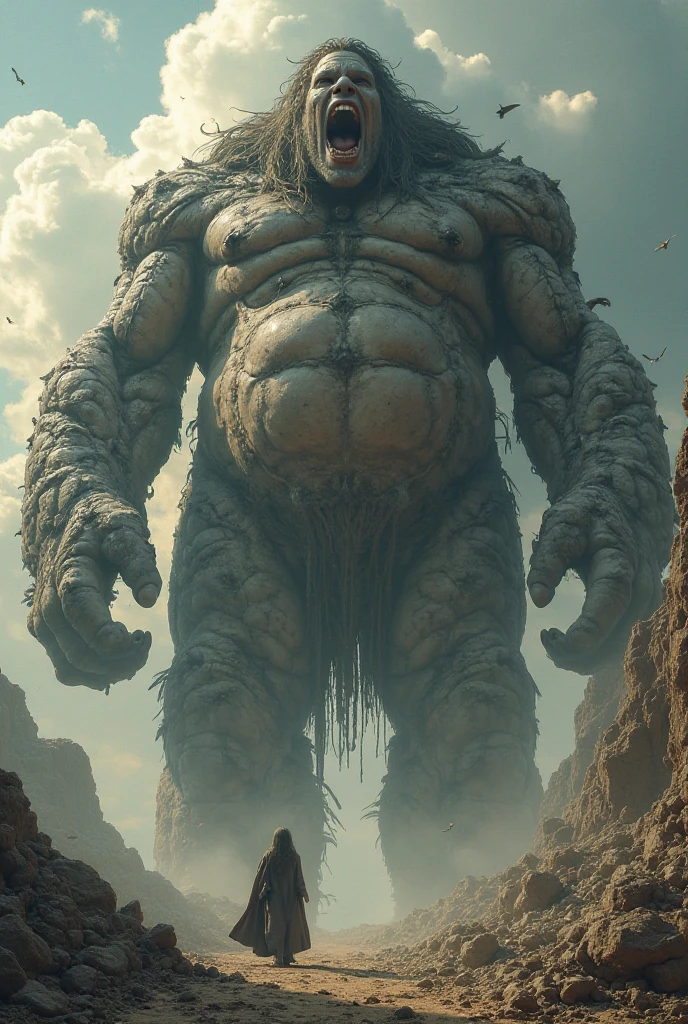 A giant as big as a mountain Looking up from below Huge belly