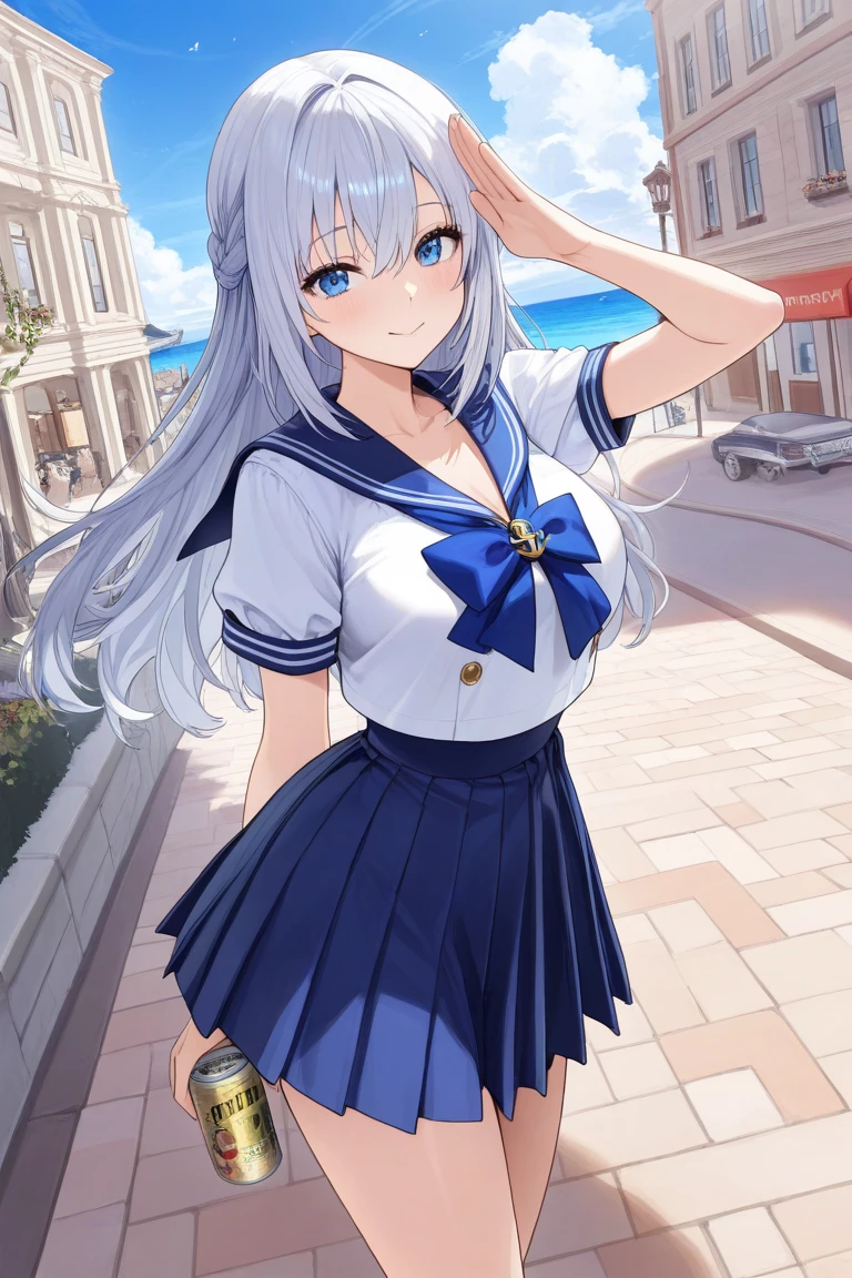((best quality)), ((masterpiece)), (detailed), 1girl, cat girl, look at viewer, light blush, smile, wears white sailor uniform with dress, white hair, white tail, wears sailor hat, on the ship