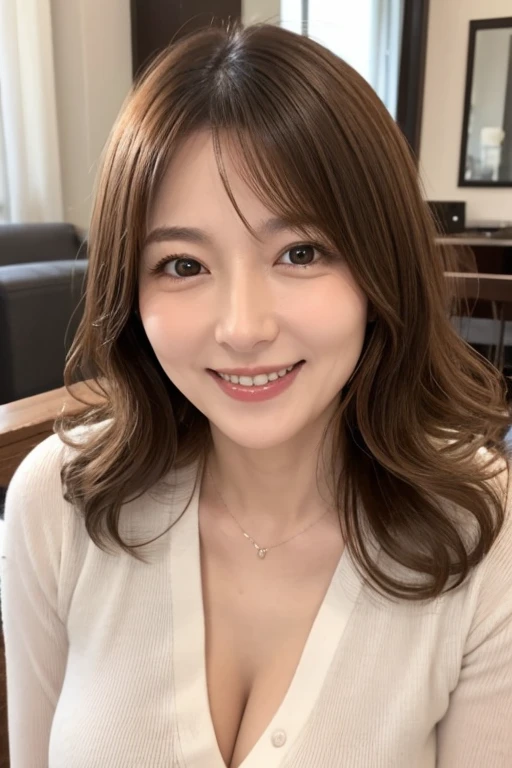 最high quality, In 8K, Masseter region, Vibrant, Sharp focus, high quality, High resolution, Detailed face, fine grain, Thick lips, (Looking at the audience), alone, Beautiful woman, 38 years old, (Standard body type)、(D cup breasts)、(Short black hair:1.6), Cleavage、(Miami beachfront mansion:1.6)、(Bright room、Wooden wall)、(Marble floor:1.3)、(Large window behind:1.6)、 (The living room of a vast mansion:1.6)、(The sea can be seen from the window:1.5)、(Pink short sleeve formal dress:1.6)、(smile:1.5)、(Black pumps:1.5)、(Full body photo:1.2)