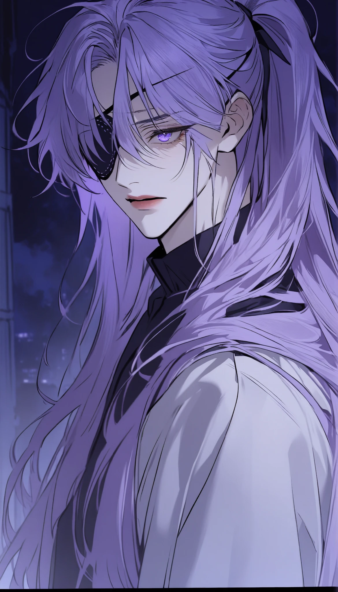 good looking, alone, 1 male, long hair, (ponytail, light purple hair), night, Black light、Looking this way、Attractive eyes。masterpiece, Highest quality, Anatomically correct, ,night景、((Eye patch))、Long Bangs、magic