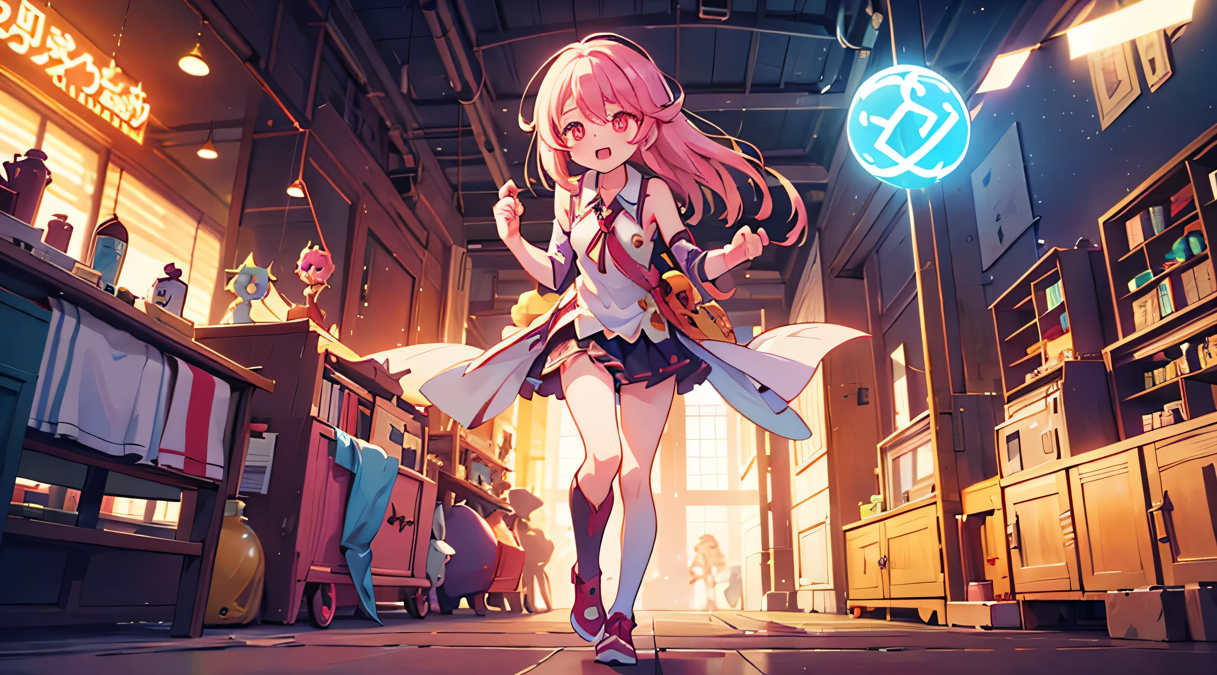 original female Flügel character from No Game No Life universe, full-body, elegant and powerful, long fluffy gradient hair (pink to blonde), golden glowing eyes with slit pupils, large geometric magic wings made of circuits and light, wearing futuristic and revealing Flügel-style outfit with high collar, detached sleeves, glowing runes, and thigh-high boots, levitating with open book and glowing spell circle in hand, confident expression, background of a glowing floating library in the sky, cinematic lighting, anime-style shading, ultra detail, masterpiece, 8k