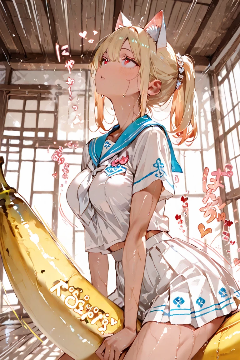 masterpiece, Highest quality, High resolution, Venus 1, One girl, alone, Sailor Warrior Uniforms, Sailor Venus, Minako Aino, blonde, Magical girl, blue eyes, Orange Skirt, Elbow hand pockets, headgear, Pleated skirt, bow, Orange sailor collar, mini skirt, choker, Red bow, Orange choker, White gloves, Very long hair, jewelry, Earrings, Cowboy Gun, Outdoor, sitting with his back to the camera, back view, person sitting upright, turning around and making eye contact , sitting with big butt sticking out, sexly, lewd hips, pose inviting sex, handjob, sexly tongue