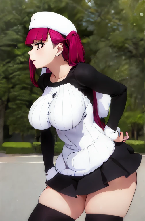 (masterpiece, Detailed Image,detailed picture) Sexy Riruka Dokugamine in her dress and hat, bleach girl, top quality, 16 thousand, ultra-detailed, black stockings, girl stands posing with her hand on her waist, beautiful Riruka Dokugamine, Big breasts, bitch face, attention to the tight stockings