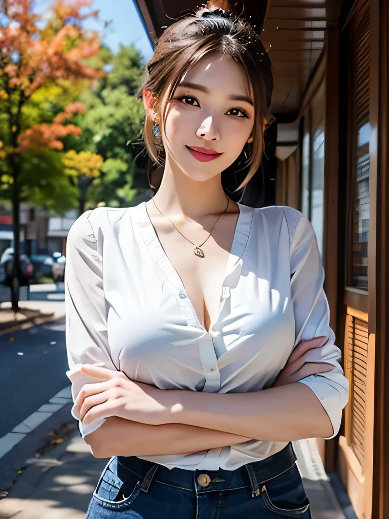 ((beautiful girl:1.3))((wearing a white mini shirt thin dress with chest bragging pose:1.4) (((smile:1.2)) ((medium chest:1.2)) ((close:1.3)) highest quality,masterpiece,ultra high resolution,(realistic:1.4),Raw photo,(real skin texture:1.3),(film grain:1.3),panorama,character portrait,very wide shot,tight waist,cowboy shot,(in the dark, deep shadow, discreet key, cold light,) night,(()),flowing tears,,dust,Tyndall effect,(Performance),,Beautifully detailed eyes and face,white jabot,brown eyes,((brown hair:1.2)) ((full body:1.3))((gold necklace_Large earrings:1.2)),((Long brown hair:1.2))((Hair with loose waves inside:1.2))(((In a crowded café at dusk:1.3))((lace breasts, large loose open chest, get glimpses of breast,Buttons up to the middle of the shirt:1.3))((full figure supermodel standing, entire body in frame))
