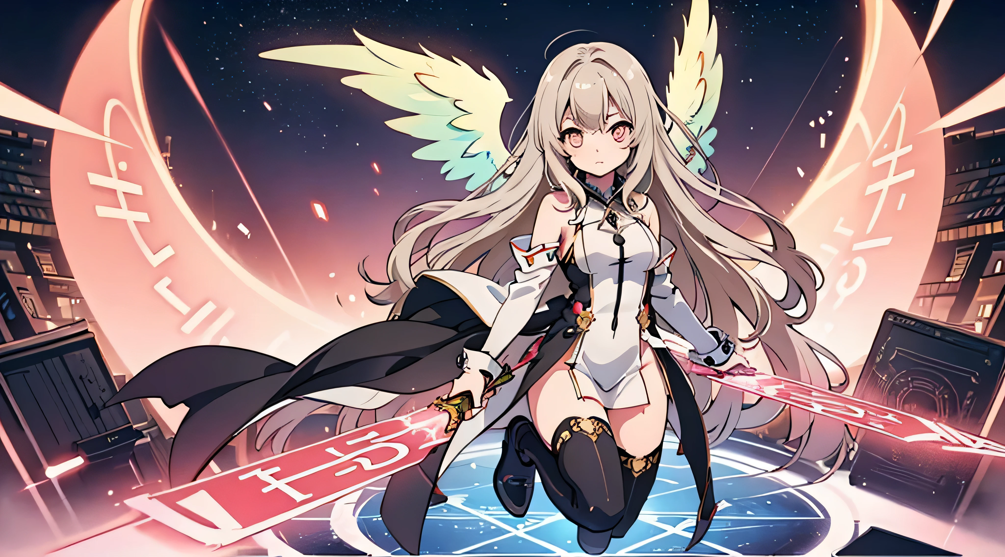 original female Flügel character from No Game No Life universe, full-body, elegant and powerful, long fluffy gradient hair (pink to blonde), golden glowing eyes with slit pupils, large geometric magic wings made of circuits and light, wearing futuristic and revealing Flügel-style outfit with high collar, detached sleeves, glowing runes, and thigh-high boots, levitating with open book and glowing spell circle in hand, confident expression, background of a glowing floating library in the sky, cinematic lighting, anime-style shading, ultra detail, masterpiece, 8k
