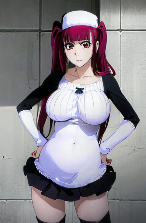(masterpiece, Detailed Image,detailed picture) Sexy Riruka Dokugamine in her dress and hat, bleach girl, top quality, 16 thousand, ultra-detailed, black stockings, girl stands posing with her hand on her waist, beautiful Riruka Dokugamine, Big breasts, bitch face, attention to the tight stockings