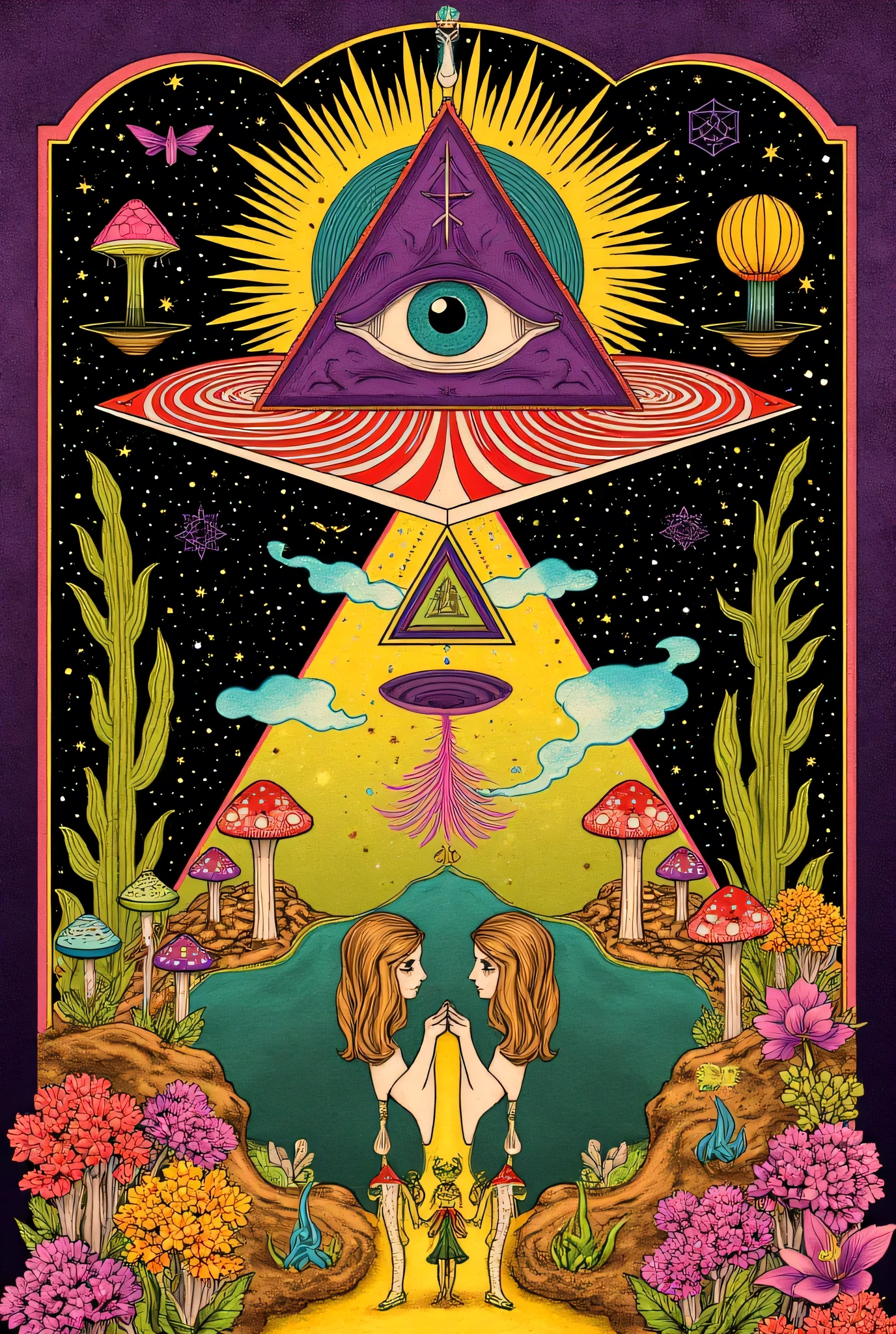 The overall atmosphere 、It suggests a vintage metaphysical idea。.
vivid and mystical scenery. Reminiscent of the works of, human couples standing hand in hand,, against a background of bright psychedelic colors and patterns. To the left, stylized flame motifs symbolize passion and energy. with colorful mushrooms and aquatic creatures on the right, contains seaweed and, on the other hand、A large pyramid with eyes at the center floats surrounded by concentric circles. esoteric symbols are drawn in the sky, Geometric Shapes , Balloons and clouds, enhance a dreamy atmosphere. Impressive roads separate the scene, Heading towards the viewer , symbolize travel or choice.
(colors: Purple, Yellow, green, green, orange, Brown black ):