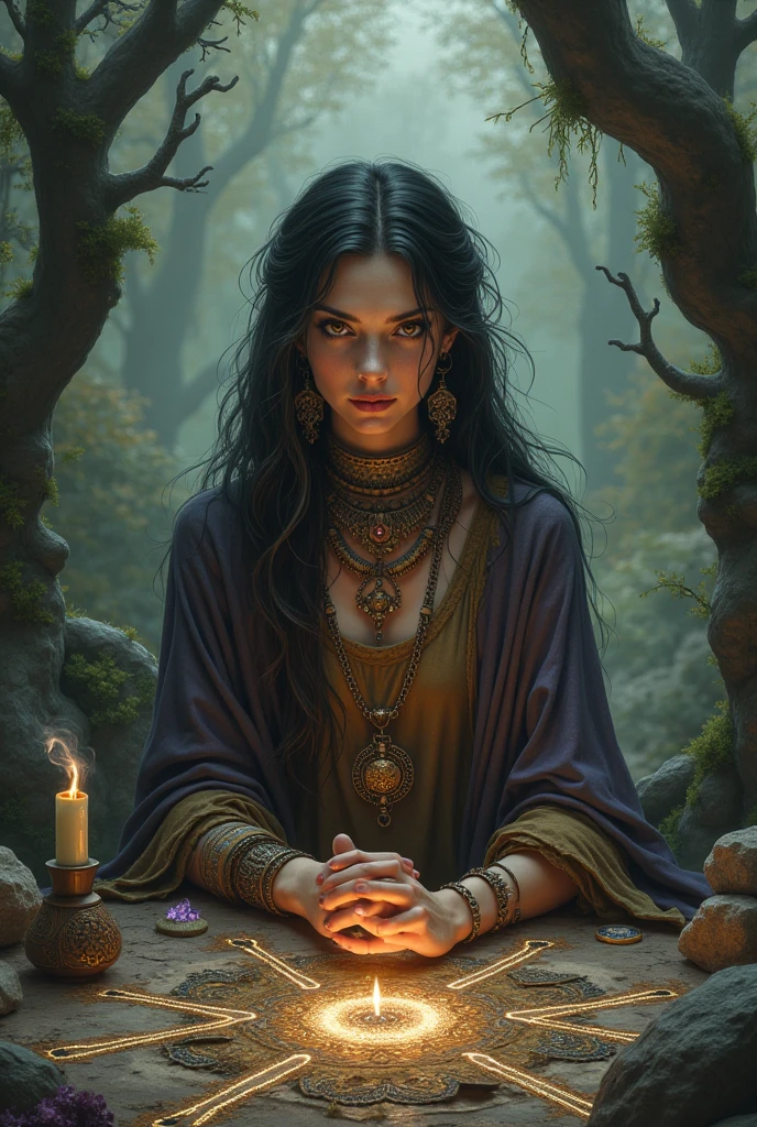Anime girl, celtic, young adult, curvy, mature, braided hair, shaman, feral, covered in blood, crouched, bone jewellery, thretaning, midnight, forest background