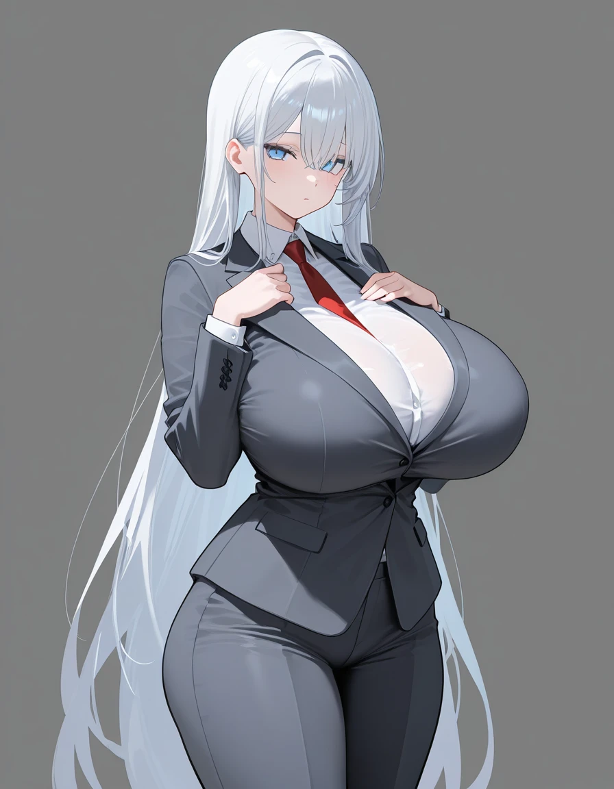(masterpiece, best quality), 1girl, gigantic breasts, curvy, chubby, business suit, gigantic belly, open blazer, tight, white hair, dark skin, obese,