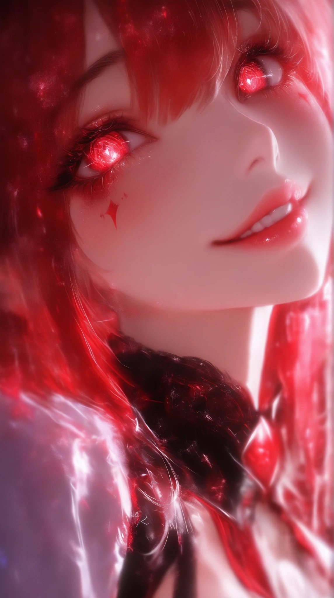 ((masterpiece)), (high quality), (medium zoom):1.0), Image of a woman with lips painted white and red, looking at the camera with a subtle and provocative smile.