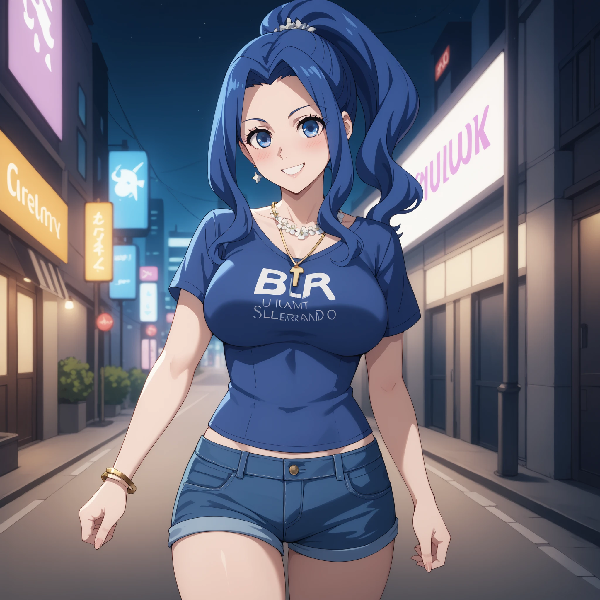 " Melty Q Melromarc , Her blue hair tied in a ponytail, bright blue eyes , Happy open-mouthed smile. blush, curvaceous and slender figure , large breasts y bien proporcionados. wearing a short black t-shirt with low-cut electronic design and denim shorts. Her skin shines with drops of water, giving a moist and realistic effect . She wears elegant accessories , such as golden bracelets and a delicate necklace . Walk gracefully through a cyberpunk city at night in the background. warm and soft lighting, highlighting the reflections in her skin and hair. anime style, ultra detailed, high quality art , 4k, soft shadows and vibrant light effects."( large breasts) is walking. standing. cuerpo mojado.