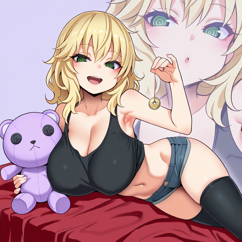 nsfw,anime,anime style,high resolution、high quality、masterpiece、4k,8k,POV,((Hyuuga miki,Final Romance, Long hair, Blonde hair,((Brown skin)),purple hair band,purple eyes,large breasts),(sexy_bikini:1.4),(happy smile),((night scene,bedroom,hotel,large bed,on side:1.3)),(wet,sweat),nipples,breasts,(sagging breasts:1.4),(blush:1.2),
