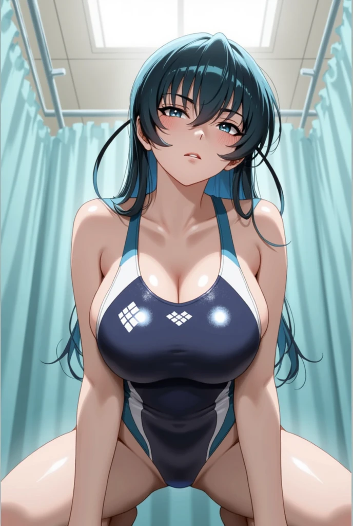(large breasts:1.5),(shiny hair),((solo)),((masterpiece)),((best quality)),perfect anatomy,slim waist,perfect image,8k UHD,(beautiful detailed eyes:1.3),extremely detailed face,standing,(upper body:1.2),(look at the front:1.5),arms behindback,ultra-detailed,absurdres,highres,rinko_iori,wide hips,low ponytail,(blue eyes),yoga pants,indoor,gym,sport bra,beautiful skin,(shiny skin),light smile,