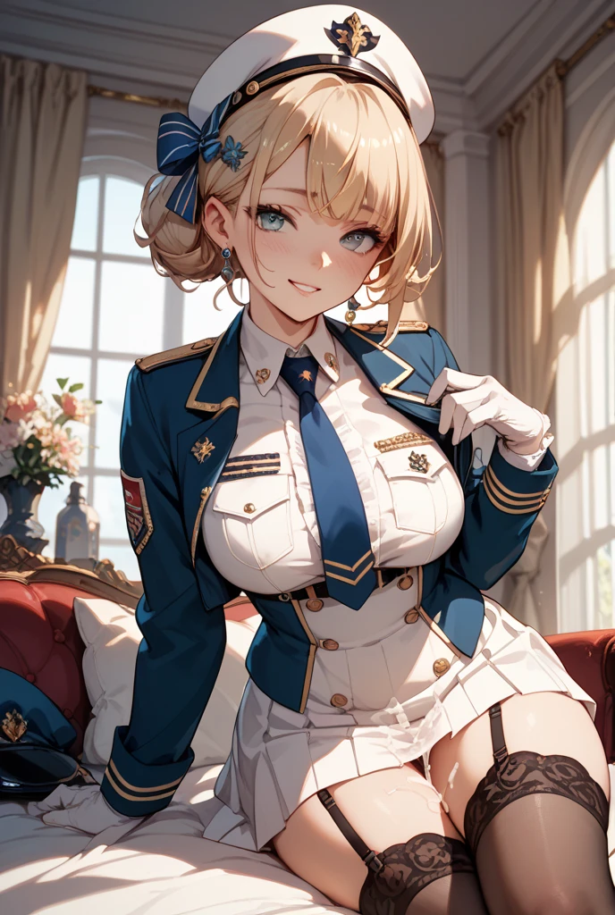 (masterpiece:1.2), best quality, high resolution, unity 8k wallpaper, (illustration:0.8), (beautiful detailed face:1.2, beautiful detailed eyes:1.2), perfect lighting, extremely detailed CG, (perfect hands, perfect anatomy), 

Cute, beautiful, charming lady, shiny hair, lustrous skin, 
milf, married woman, soft With a gentle appearance and a gentle mother-like atmosphere,

violet_a, blonde hair, blue eyes, braid, hair ribbon, red ribbon, jewelry, green brooch, white ascot, blue jacket, cropped jacket, dress, juliet sleeves, long sleeves, puffy sleeves, white dress, brown gloves, 