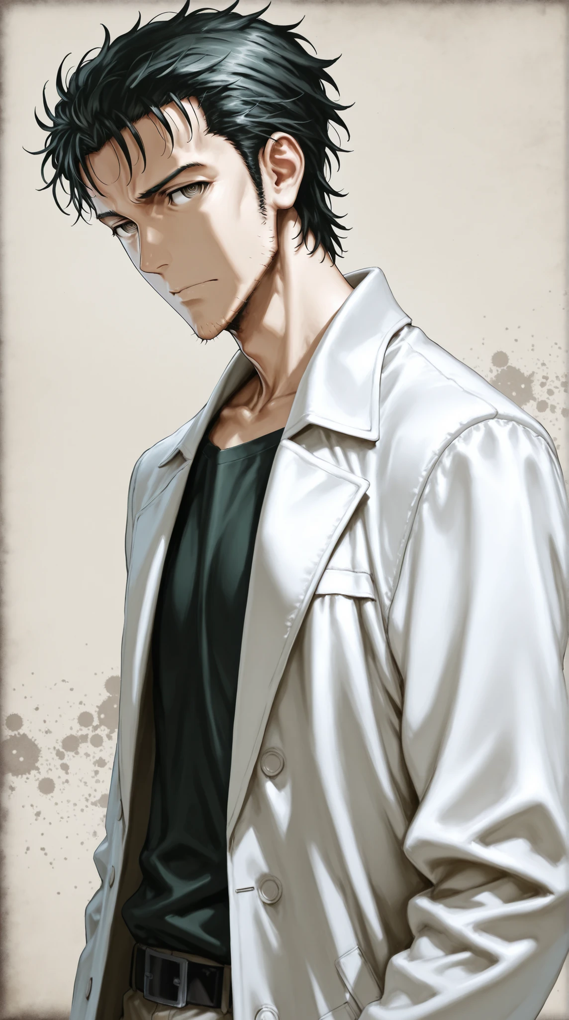 (Steins Gate, Okabe Rintaro, white labo coat,male,brack background ),real skin texture,side angle