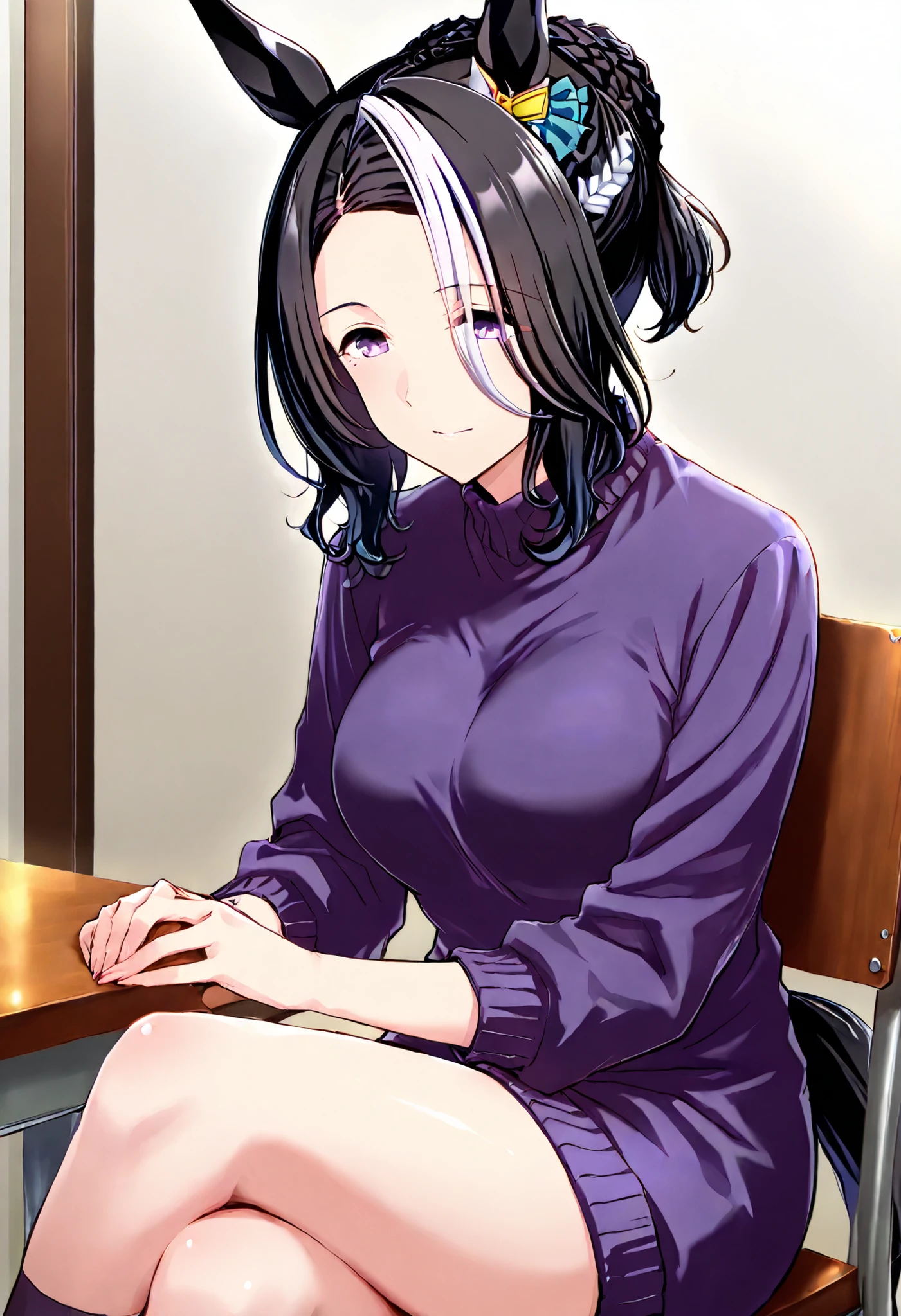 female，purple dress，long sleeves，sit and eat，black hair，blank background