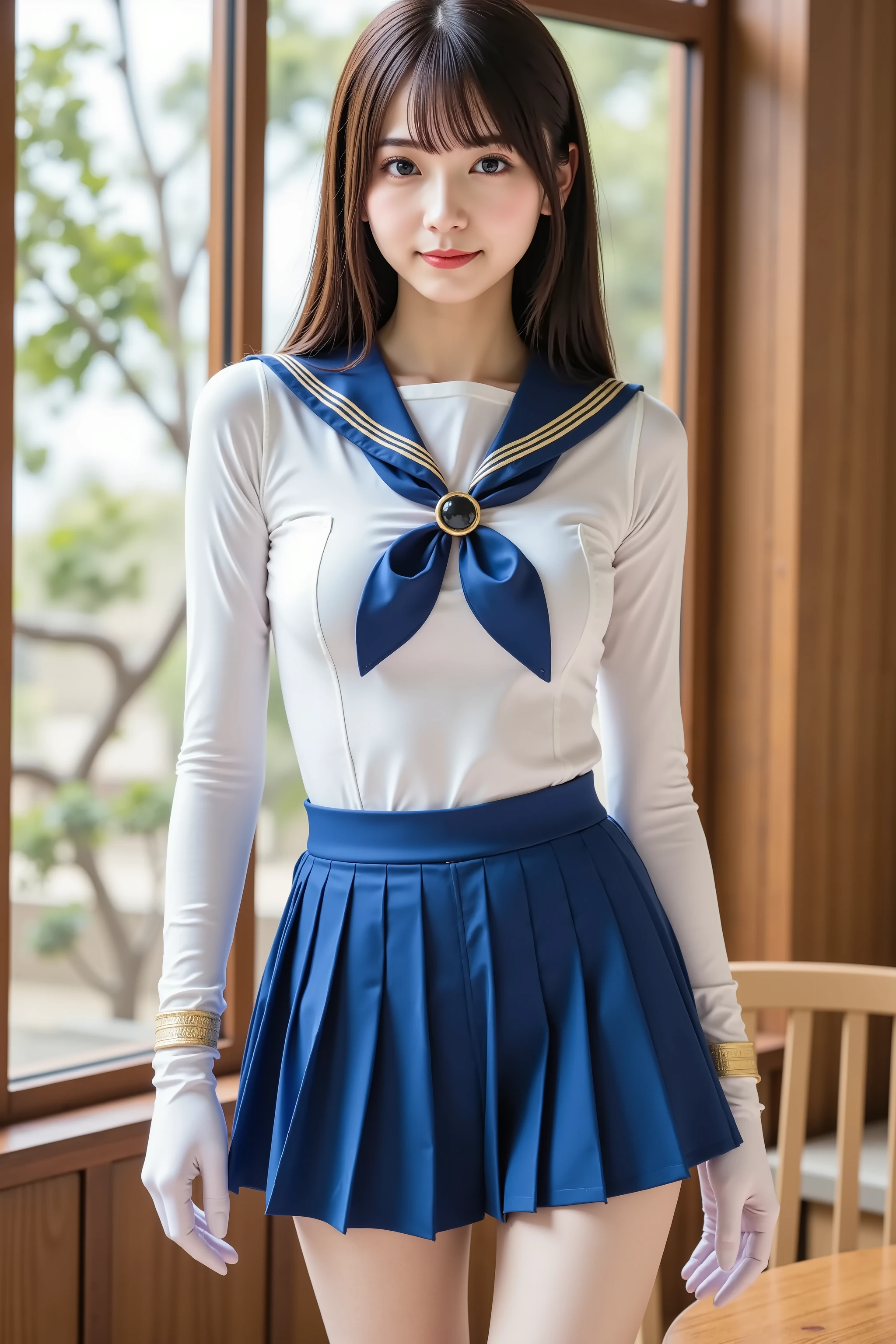 haruka, firm breast, by adjusting the framing so the subject's full head is visible within the composition. Keep the camera angle and expression consistent while extending the top portion of the image naturally, A stylized and form-fitting outfit inspired by sailor-style uniforms, consisting of a structured white bodysuit paired with a vivid blue pleated mini skirt. The bodysuit is tailored with smooth seams and clean paneling that contours the torso, giving a sculpted silhouette. Made of a stretch fabric with a slight sheen, it offers both flexibility and a sleek finish under light. A large deep blue bow is fixed at the chest, featuring a glossy round jewel at its center that reflects ambient light and draws visual focus. The neckline is framed by a wide blue sailor-style collar trimmed with double gold stripes, extending squarely down the back. The sharply pleated mini skirt sits high on the waist and holds its shape with structured fabric, offering movement and dimension. Long white gloves extend from hands to upper arms, made from flexible material, and are decorated with three horizontal gold bands around the forearm. These elements create symmetry, linking the gloves to the gold-trimmed collar for a cohesive design. The outfit blends classic uniform influences with modern tailoring, creating a bold, confident silhouette. The setting is a softly lit interior with warm wood details, including a wide window frame and a polished wooden table. Natural daylight pours through the large window, casting soft highlights across the outfit and creating subtle reflections on the jewel and trim. Outside the window, leafy branches and filtered sunlight suggest a peaceful garden space, enhancing the atmosphere with natural texture. The overall composition presents a balance of structured fashion and relaxed indoor setting, emphasizing clarity, contrast, and visual harmony.