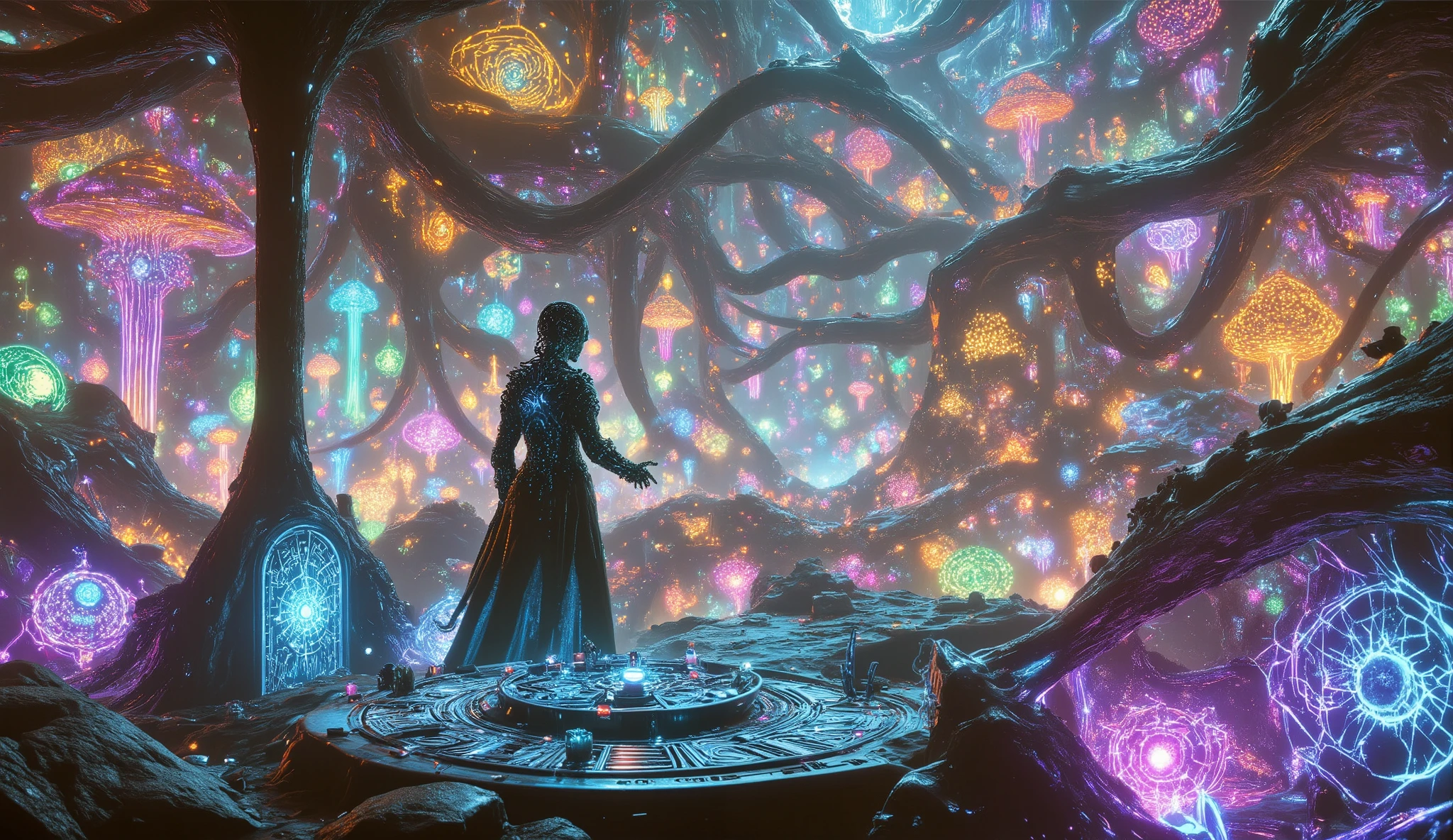 An alien mage conjuring spells with holographic runes in the foreground, with a vibrant alien landscape in the background. The mage takes the form of a woman, with hair in spirals like tentacles and a large robe. She is in a landscape filled with giant bioluminescent mushrooms and strange constructions, like a village. Cyberpunk, illustration.