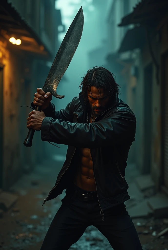 A photo of extremely handsome young men, 15 years old, muscular, tattooed, wearing necklaces, long hair, gangster style, romantic, Hong Kong cinema, street scene. Eyes are filled with sadness and desire to rise. Violent background, smoke and fire. Cinematic lighting, high detail, 8K, artstation, conceptual art, dark fantasy. Photo taken with Canon EOS R5 85mm f/11 camera, ((sharp)) mode of people and surroundings. Image quality ((8K)), ((realistic)), ((masterpiece)), ((sharpest and highest contrast)), ((excellent depth of field)), ((stereoscopic lighting)), ((angry, ferocious )), detailed pores, ((Direct light on the face)), bright sunlight. (((Wearing a sword on his back))), (((holding a sword on his hand)))