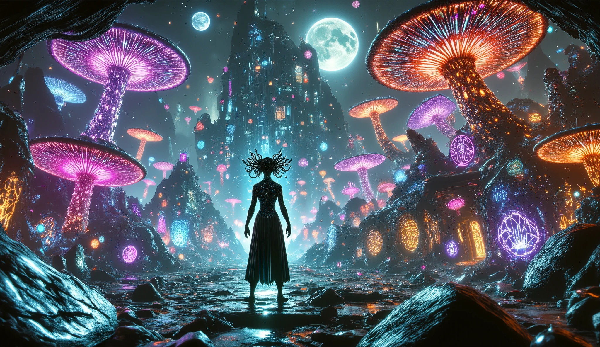 An alien mage conjuring spells with holographic runes in the foreground, with a vibrant alien landscape in the background. The mage takes the form of a woman, with hair in spirals like tentacles and a large robe. She is in a landscape filled with giant bioluminescent mushrooms and strange constructions, like a village. Cyberpunk, illustration.