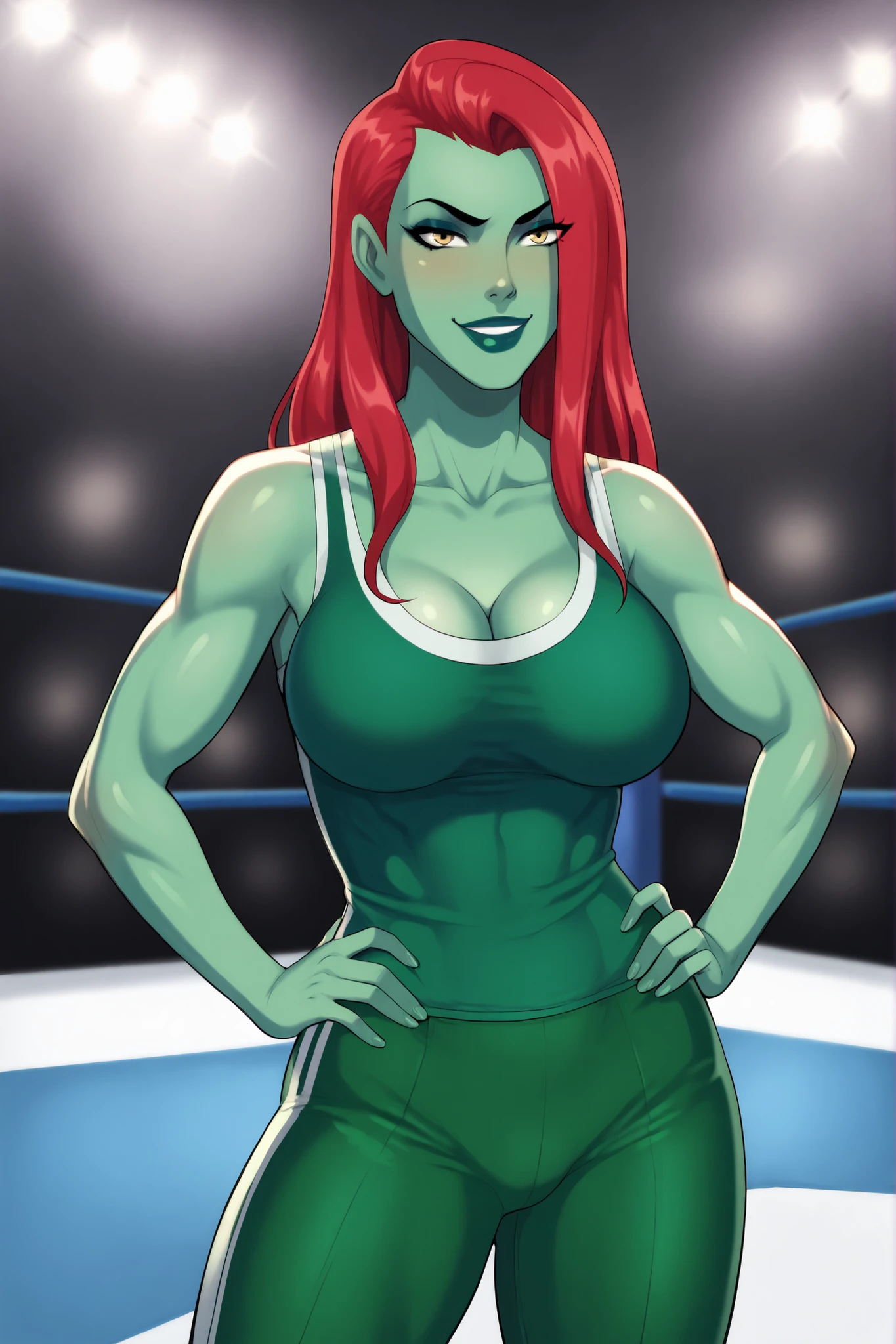 PoisonIvyCartoon, BREAK, score_8_up, score_7_up, score_6_up, score_9, 1girl, lipstick, makeup, large breasts, cleavage, yellow eyes, green skin, colored skin, long red hair, black lips, curvy, athletic, standing, sultry expression, smiling, closed mouth, hands on waist, model pose, bedroom eyes, green wrestling singlet, indoors, wrestling ring, gym, looking at viewer