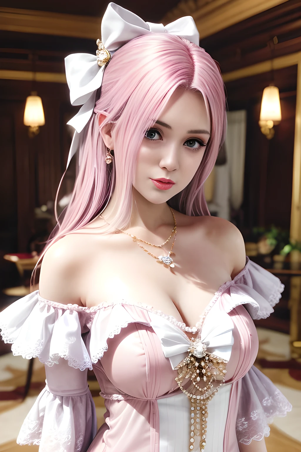 1girl, solo, long hair, breasts, looking at viewer, smile, large breasts, cleavage, bare shoulders, collarbone, upper body, pink hair, choker, pink eyes, circlet