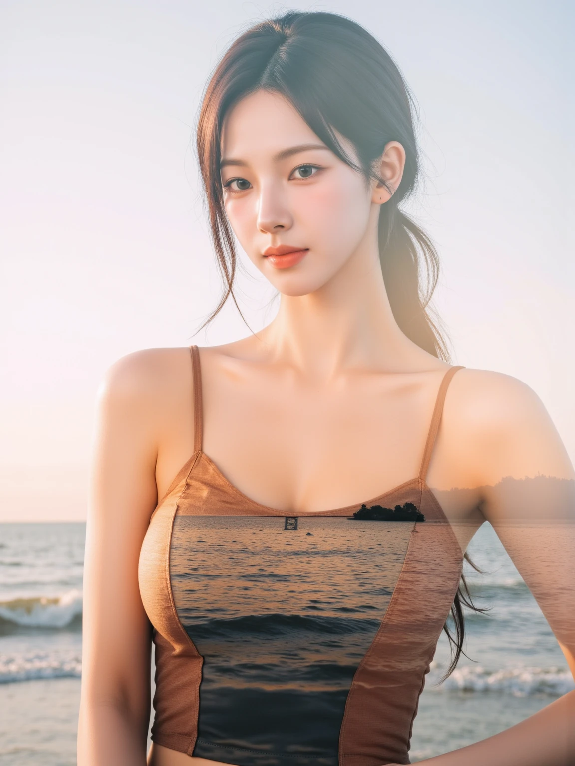 ((best quality, 8K, masterpiece, very detailed, ultra high resolution, realistic, raw photo, absurd, absolute resolution:1.5)), Pretty models, 1 woman, shy smile:1.8, long straight hair, big bust, ((Strapless leotard in random colors)), (kneeling on the beach), very detailed 얼굴, very detailed 입술, detailed eyes, double eyelid