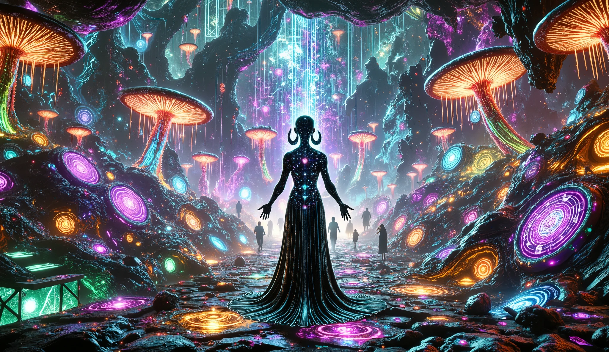 An alien mage conjuring spells with holographic runes in the foreground, with a vibrant alien landscape in the background. The mage takes the form of a woman, with hair in spirals like tentacles and a large robe. She is in a landscape filled with giant bioluminescent mushrooms and strange constructions, like a village. Cyberpunk, illustration.