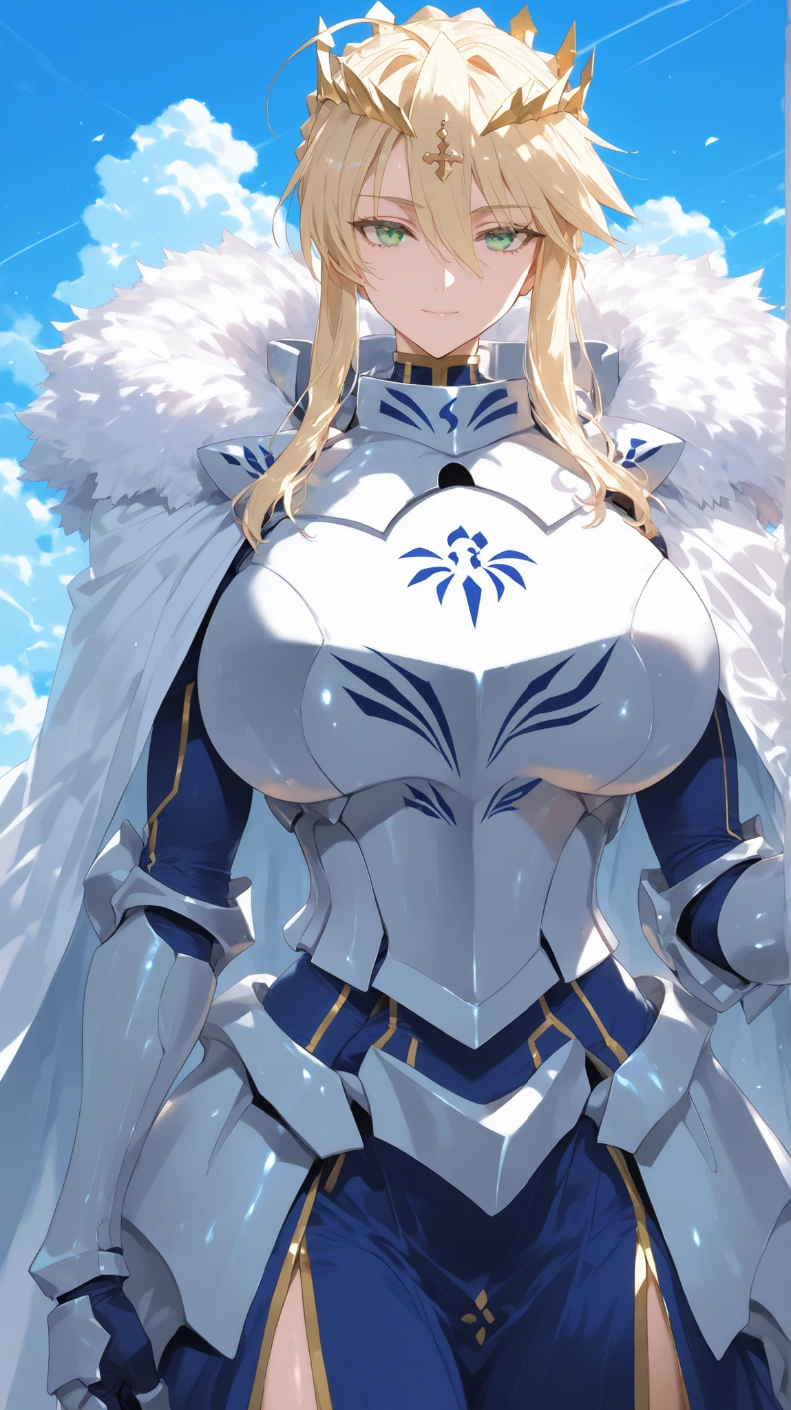 Masterpiece, SFW, very aesthetic, elegant mature woman, long hair, solo, 1girl, artoria pendragon (lancer) (fate), white armor, artoria Pendragon Armor, battle worn armor, breastplate,, visual novel cg style, breast armor (covered breasts) , fur trim and white cape armor , covered chest armor, Armor, , looking at viewer, slight smile, summer, daytime, blue sky background, beautiful clouds,