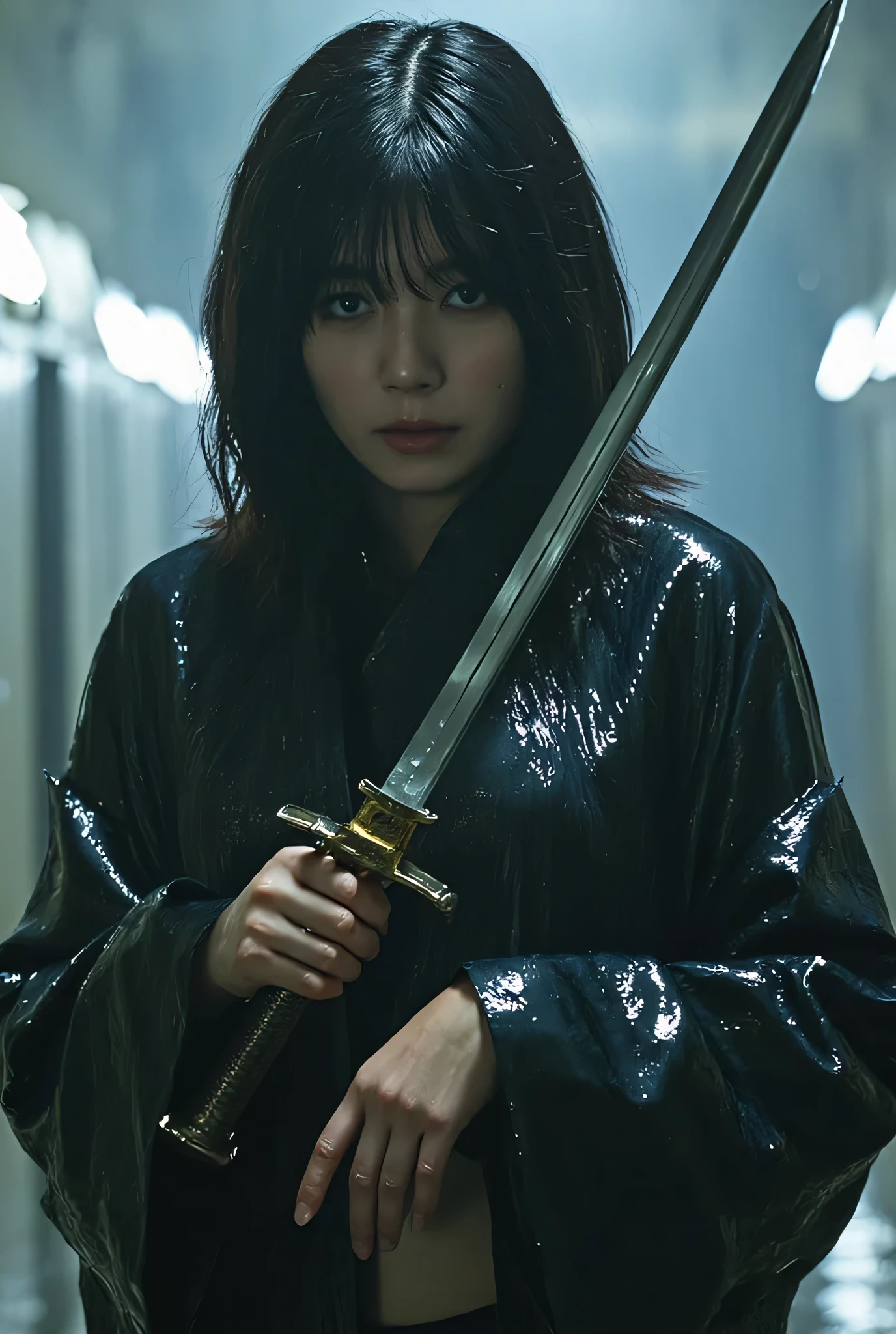 (((Misty dam:2.0))),(((HR Gigger style cyberpunk atmosphere:2.0))),(((holds a cyberpunk-style Japanese sword:2.0))),((Point a Japanese sword at the viewer:2.0)),standing,((full body:2.0)),one woman,(cute face:2.0),(Beautiful well-balanced face :2.0),((long hair with bangs:2.0)),(wavy black hair:1.5),(Beautiful Eyes:1.3),glamorous shot of a 20-year-old Japanese woman,Beautiful slender body,((model body type:2.0)),((slim body:1.7)),perfect body line,Ideal Proportions,((small breasts:2.0)),((Three sizes 84-55-85:2.0)),((B-cup breasts:1.5)),beautiful breasts,Bare thighs,Sensual Thighs,delicate body,(muscular:1.7),harmonious posture,((Realistic breast depiction :1.7)),carefully depict limbs based on perfect anatomy,((futuristic samurai style black super high-leg leotard:2.0)),((super high-leg leotard made of latex that fits the body:2.0)),((((Super high leg hot pants made of denim fabric:2.0)))),(black kimono:1.5),((Tactical Holster:1.5)),((((Coarse mesh fishnet stockings:2.0)))),concept art,(top quality:1.5),(masterpiece:1.5),(超高resolution),resolution,UHD,(delicate depiction),carefully drawn,32k,((realistic skin texture:1.5)),(((super realistic:1.5))),carefully draw eyelashes,Highly Detailed Faces,Highly detailed female hand, Sexy appearance ,Extremely Sensual,(Blurry Dim Backgrounds :1.5),Professional Photography,(movie lights:2.0),((Blade Runner style lighting:2.0))